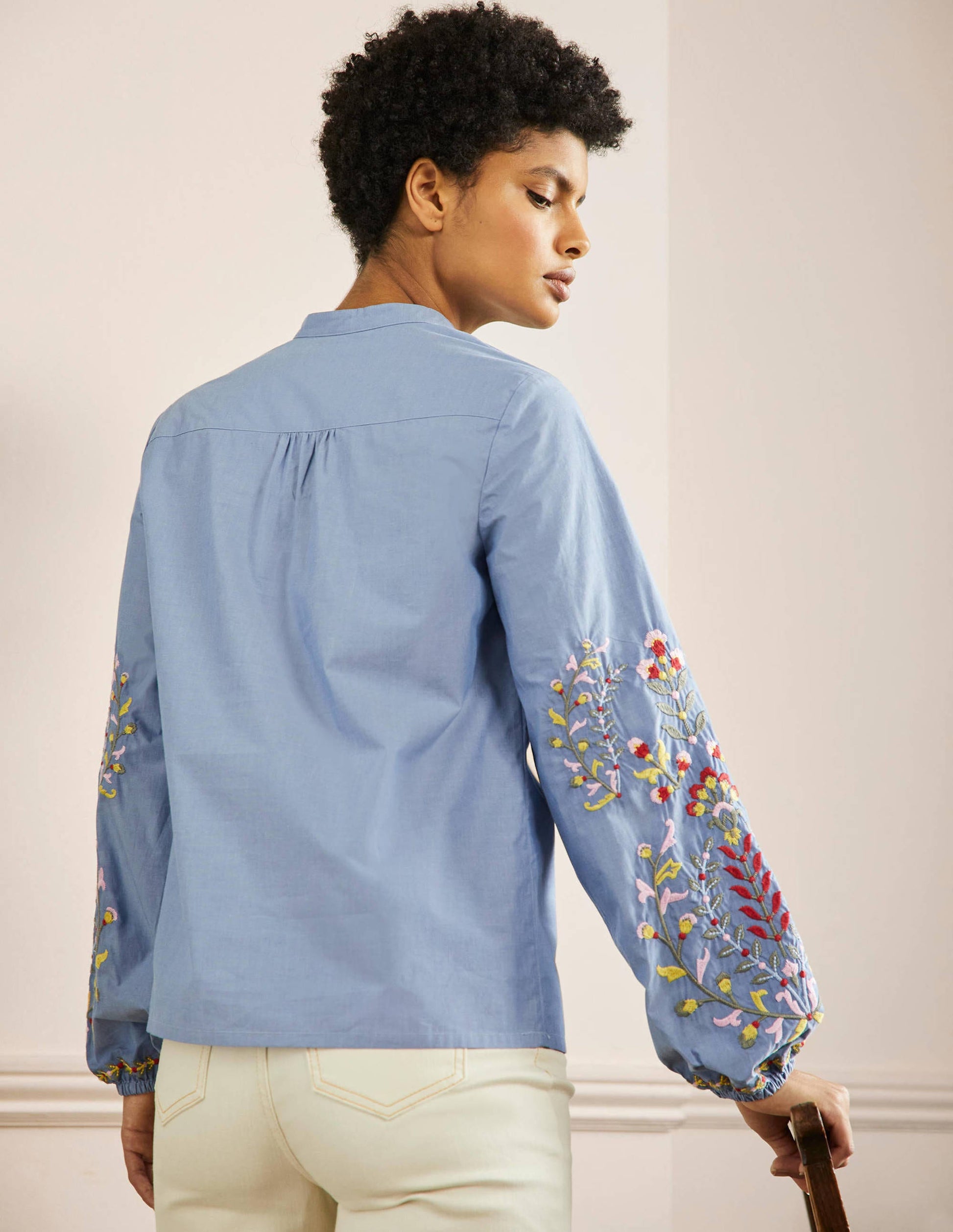 Embroidered Popover Blouse-Chambray-3