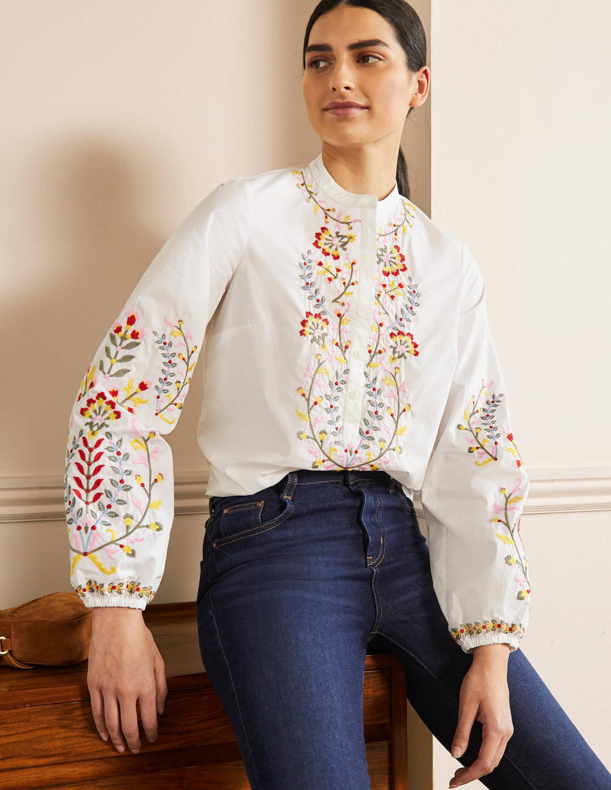 Embroidered Popover Blouse-White-1