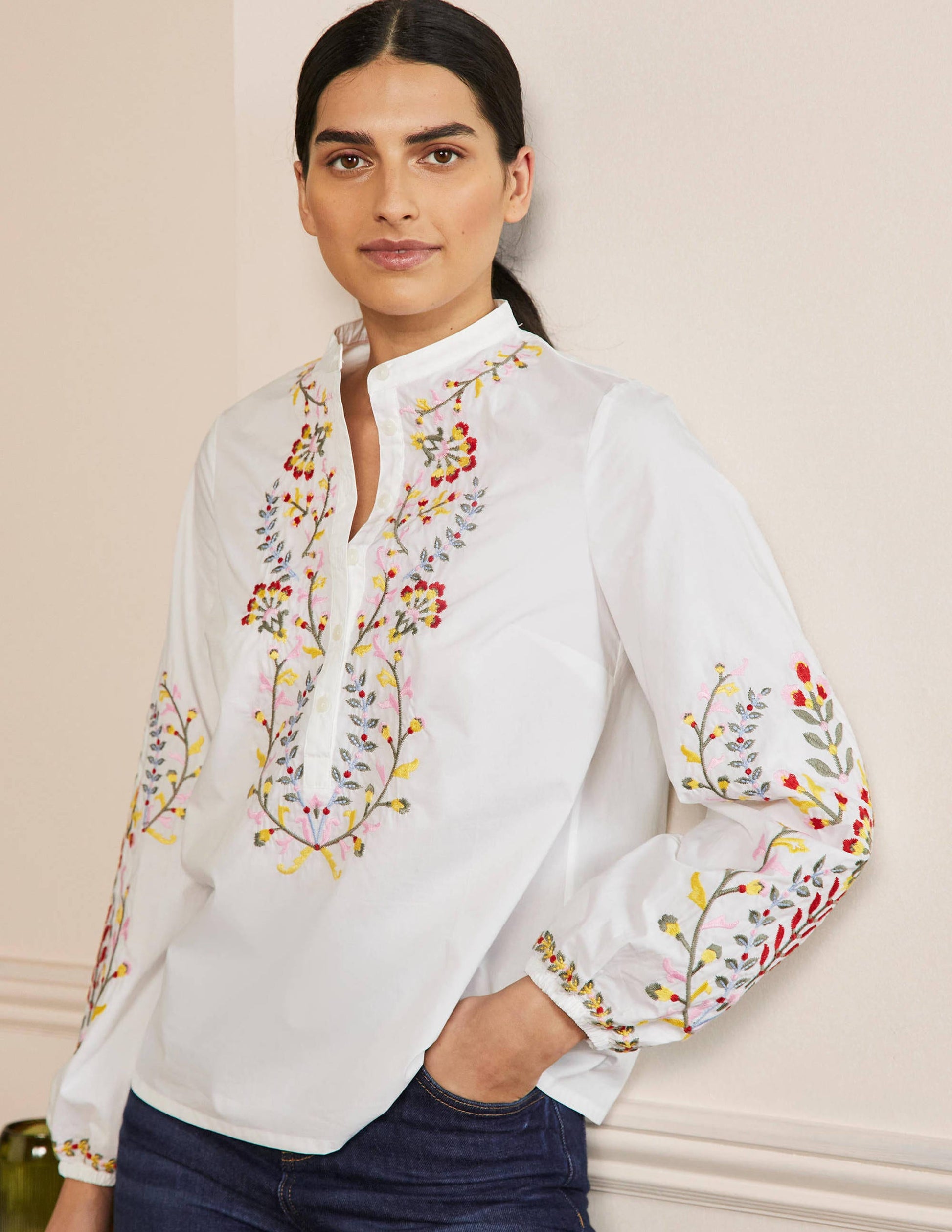 Embroidered Popover Blouse-White-4