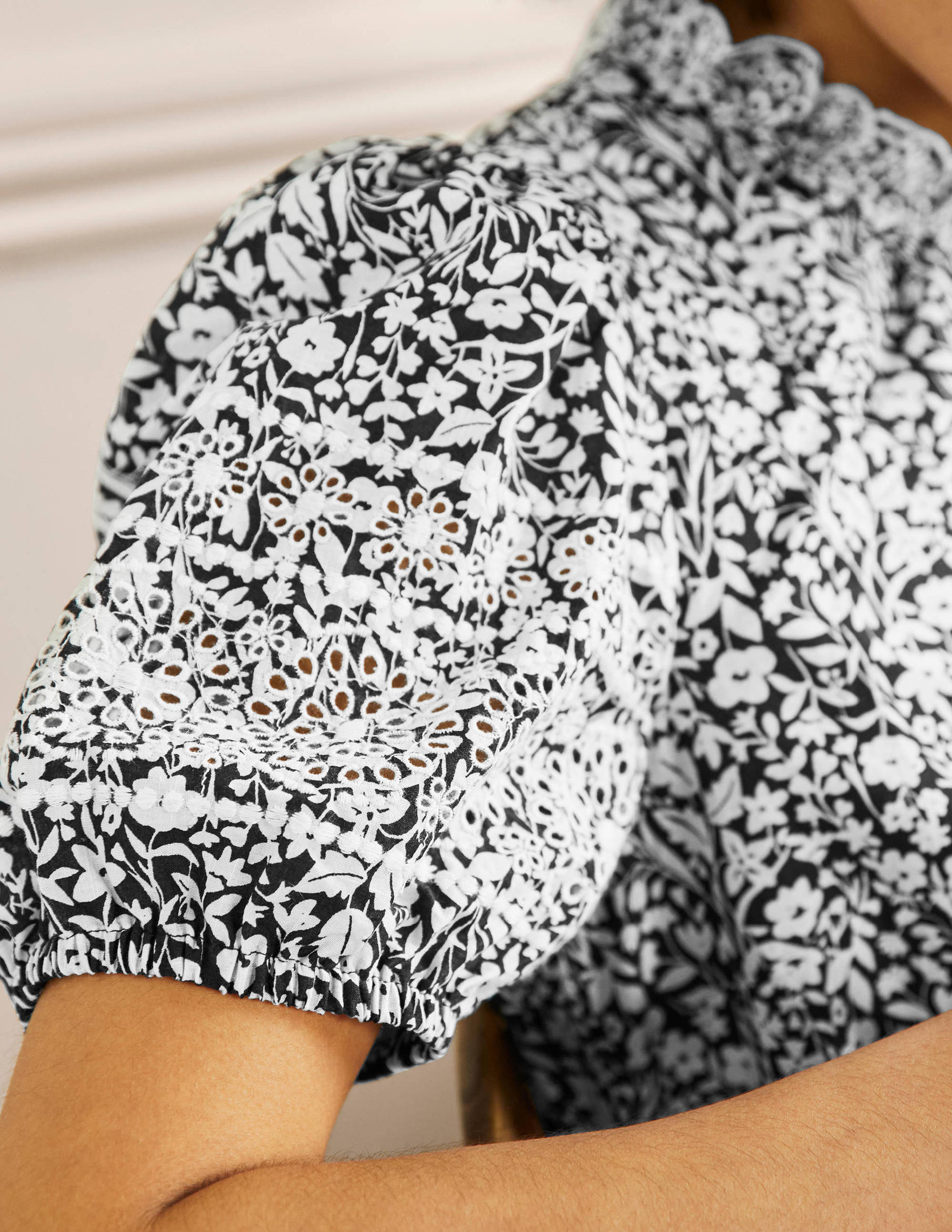 Printed Broderie Top-Black, Wildflower Spring - Image 2