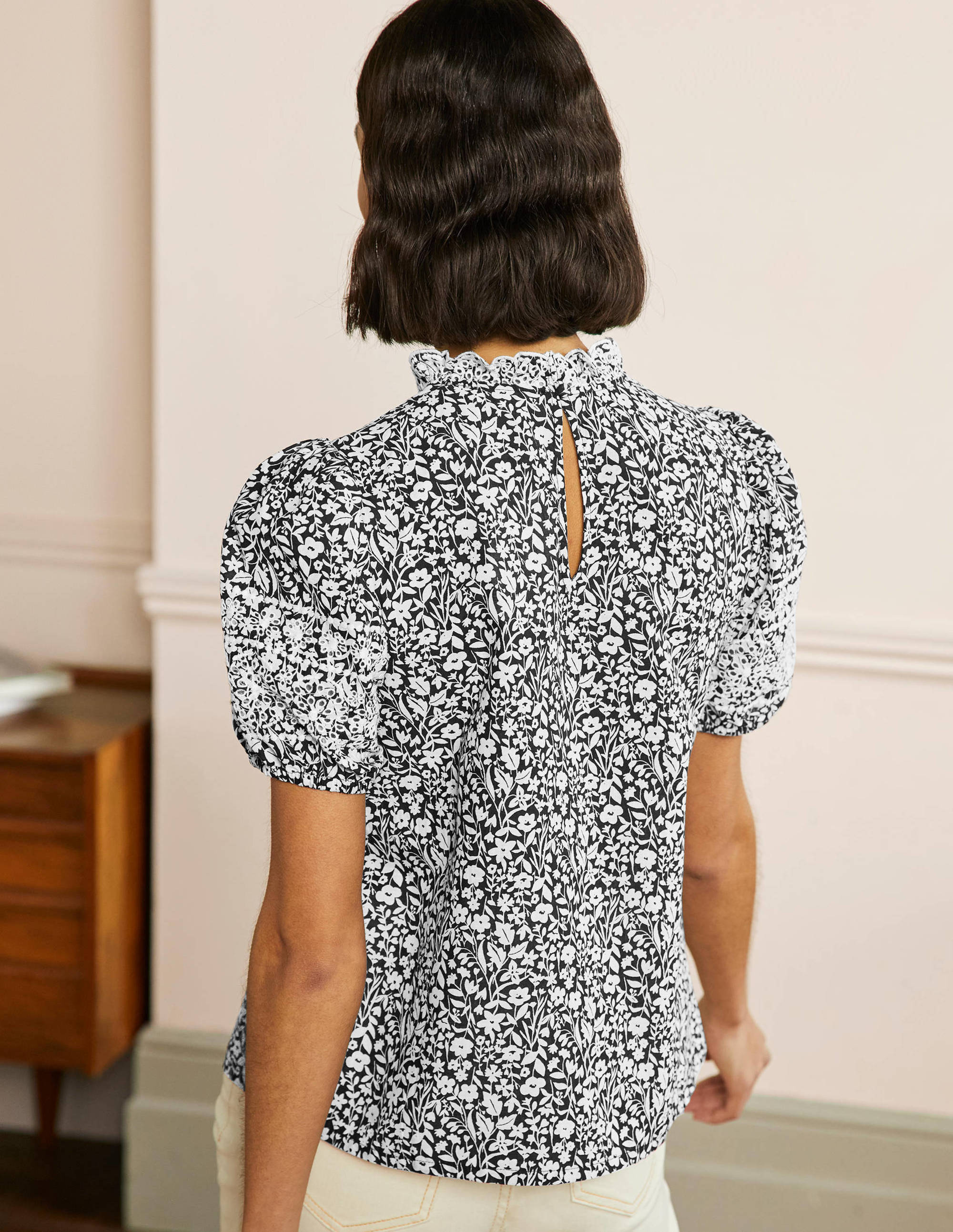 Printed Broderie Top-Black, Wildflower Spring - Image 3