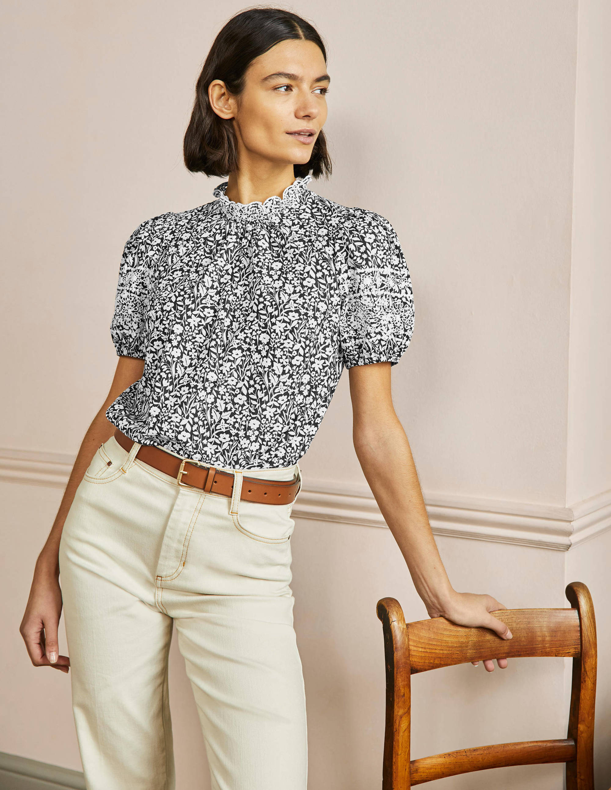 Printed Broderie Top-Black, Wildflower Spring - Image 4
