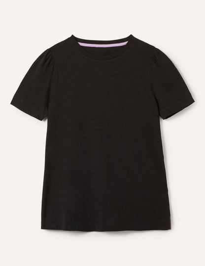 T-Shirt aus Baumwolle mit Puffärmeln-Schwarz