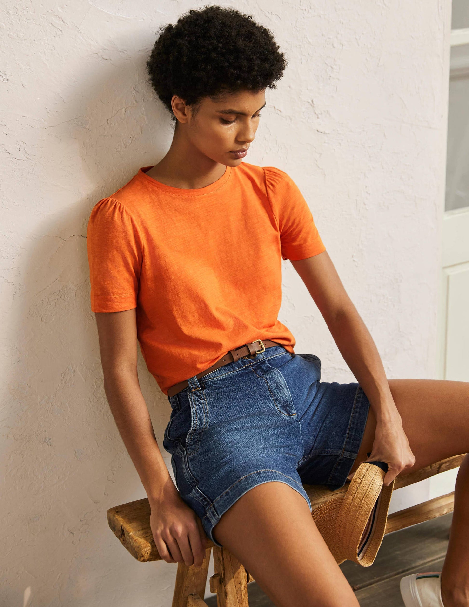 T-shirt en coton à manches bouffantes-Orange ancien-1