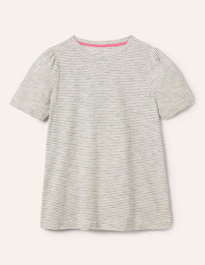 T-shirt en coton à manches bouffantes-Rayé ivoire/bleu marine-5