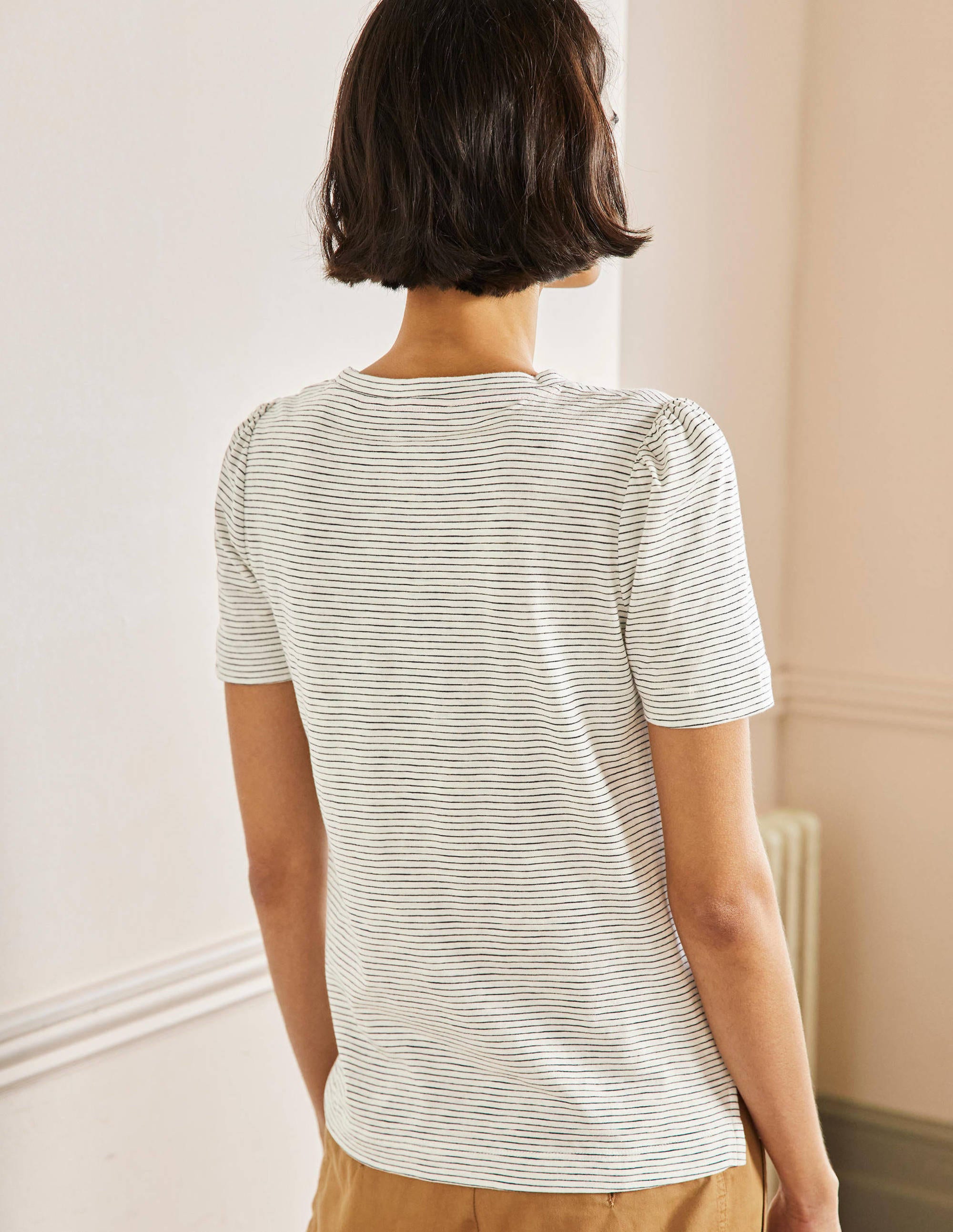 T-shirt en coton à manches bouffantes-Rayé ivoire/bleu marine - Image 3