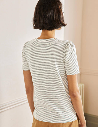 T-shirt en coton à manches bouffantes-Rayé ivoire/bleu marine-3