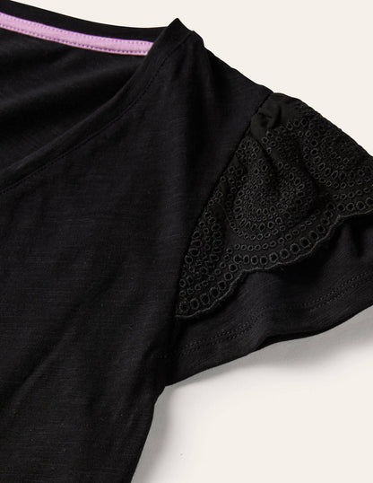 Baumwoll-T-Shirt mit V-Ausschnitt und Lockstickerei-Schwarz