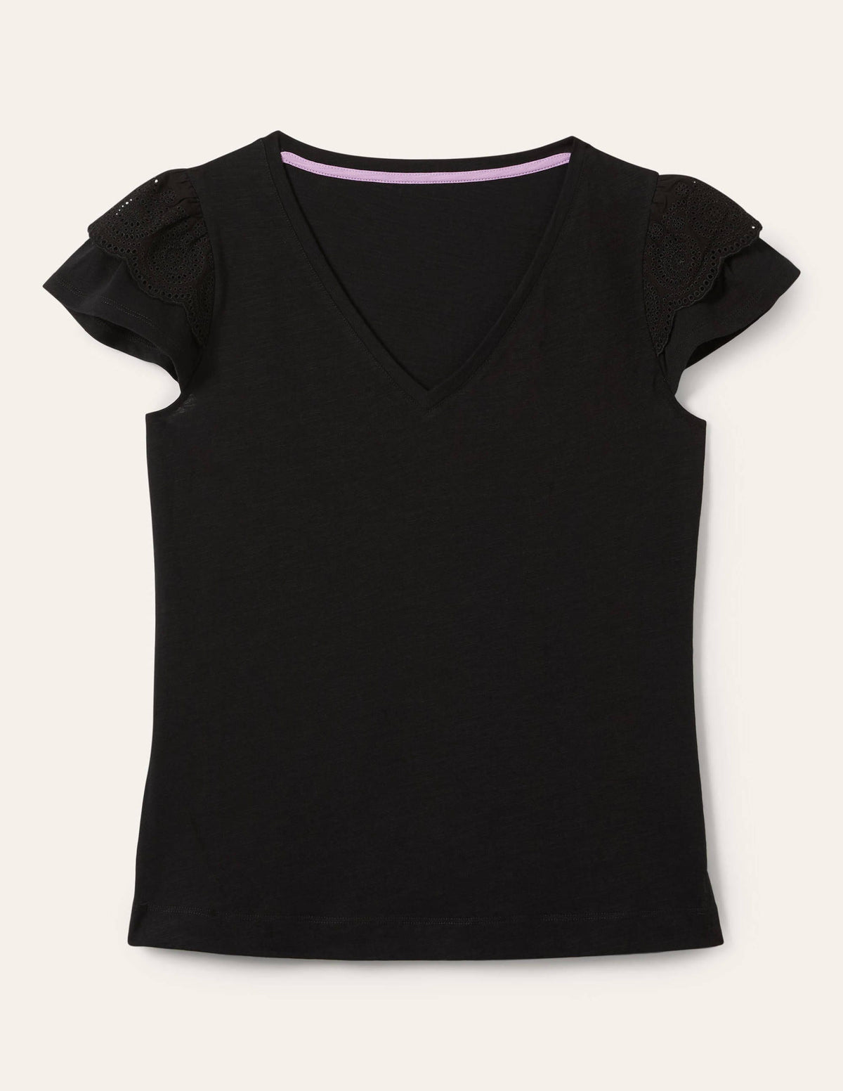 Baumwoll-T-Shirt mit V-Ausschnitt und Lockstickerei-Schwarz - Image 6