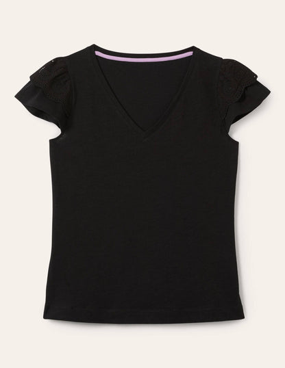 Baumwoll-T-Shirt mit V-Ausschnitt und Lockstickerei-Schwarz