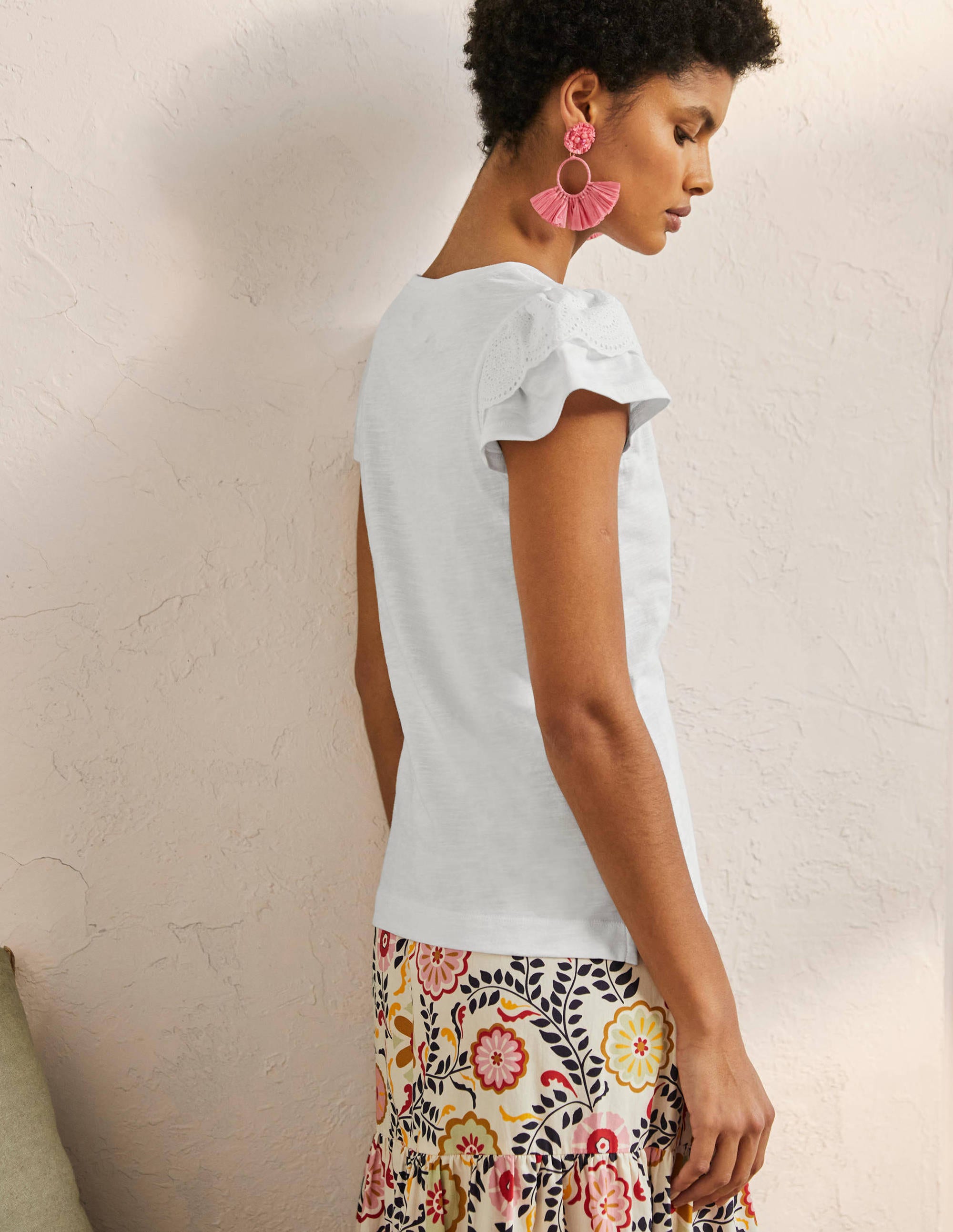 T-shirt en coton à broderie anglaise et col en V-Blanc - Image 3