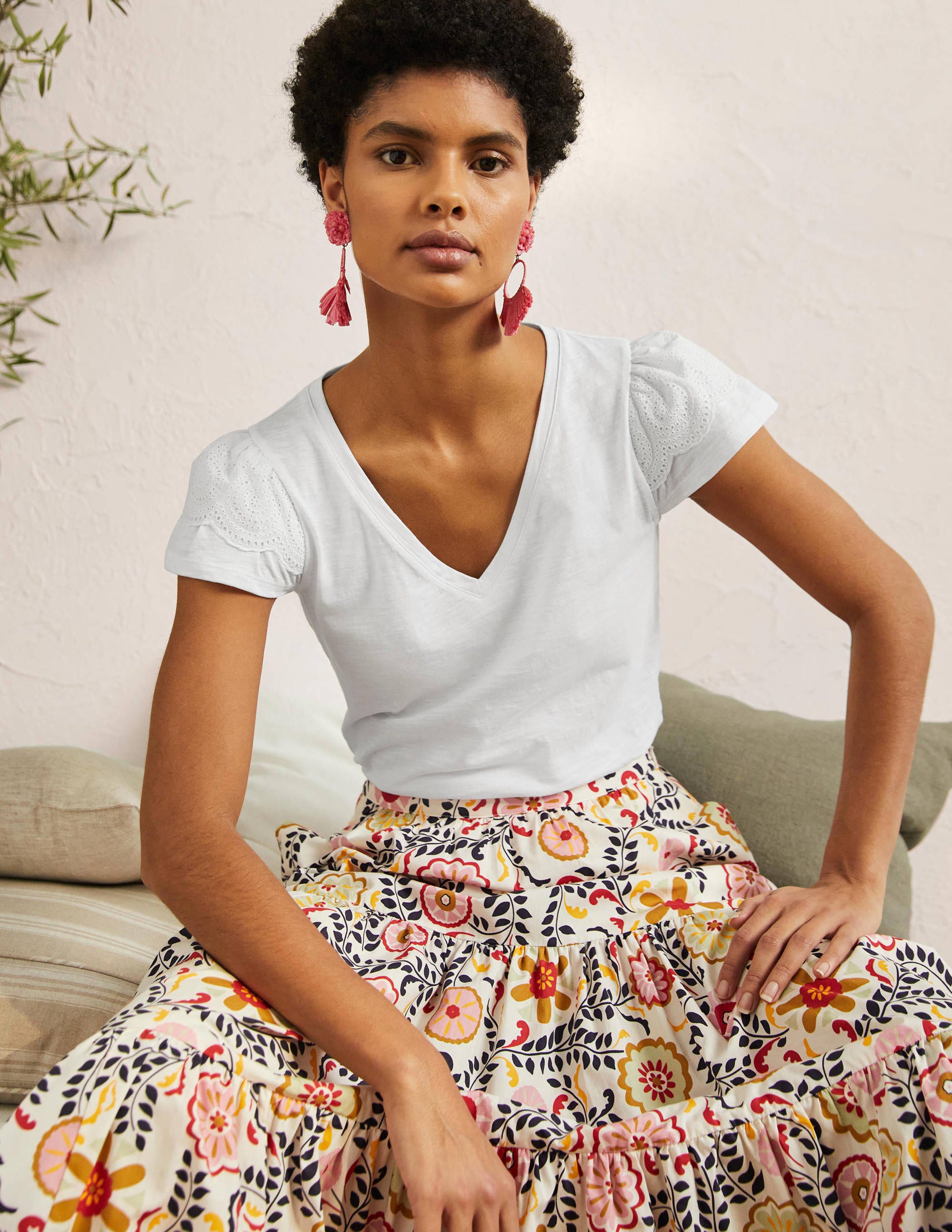 T-shirt en coton à broderie anglaise et col en V-Blanc - Image 4