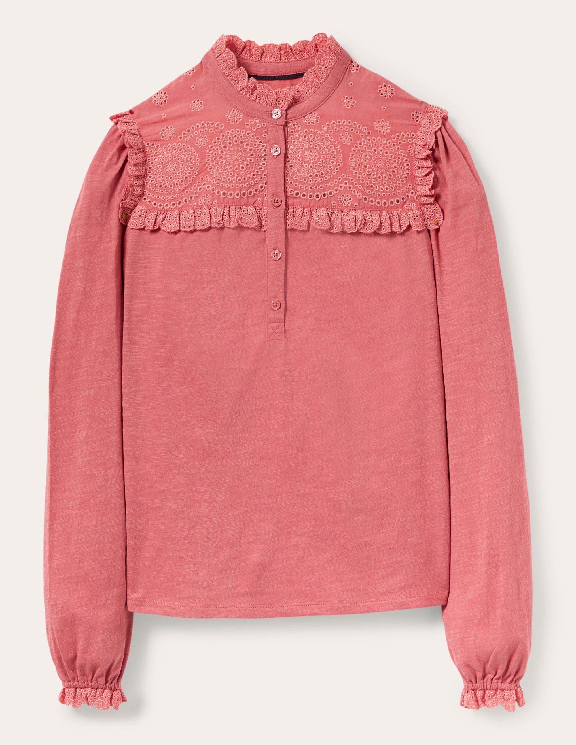 Broderie Yoke Jersey Top-Dusty Red - Image 4