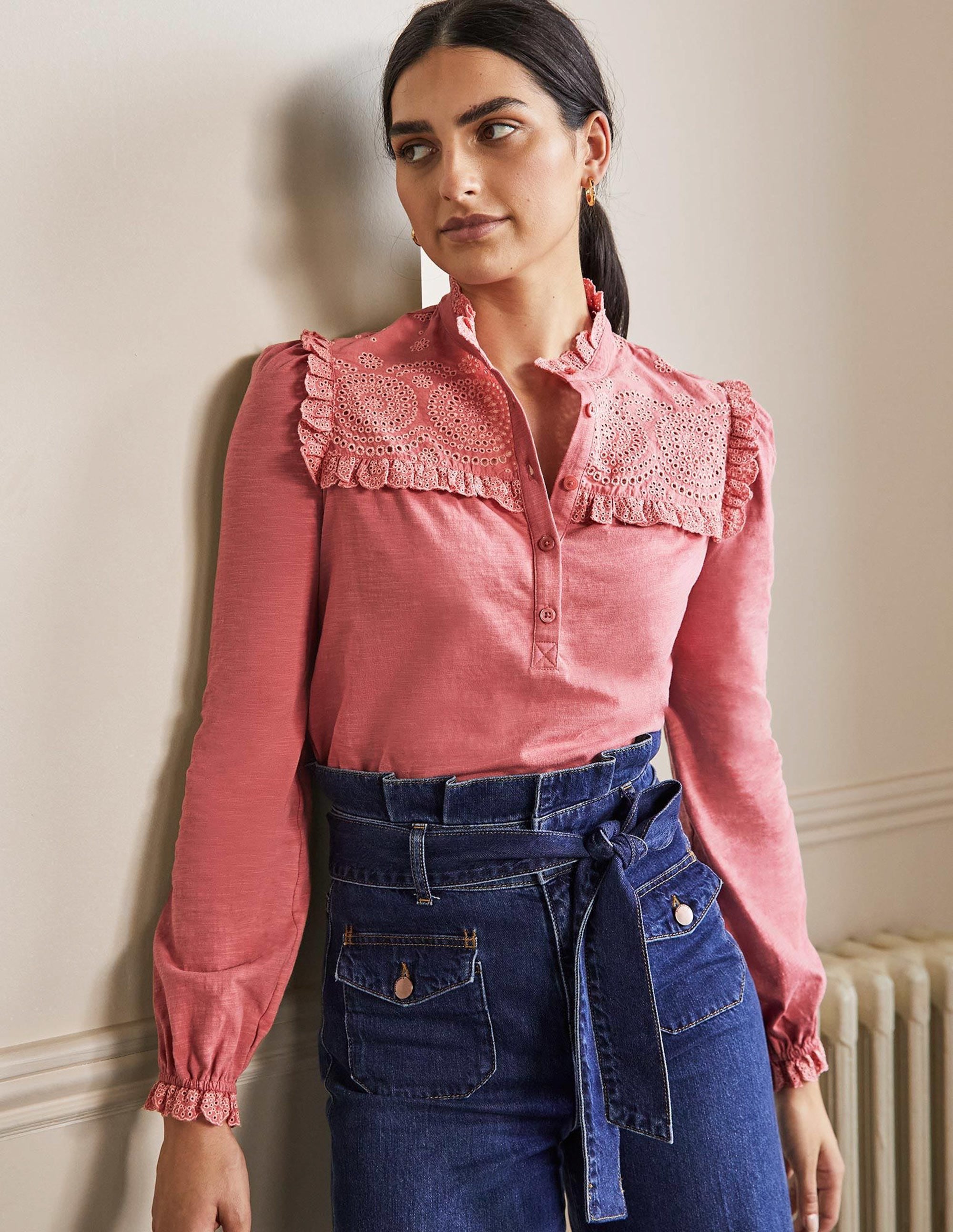 Broderie Yoke Jersey Top-Dusty Red - Image 1