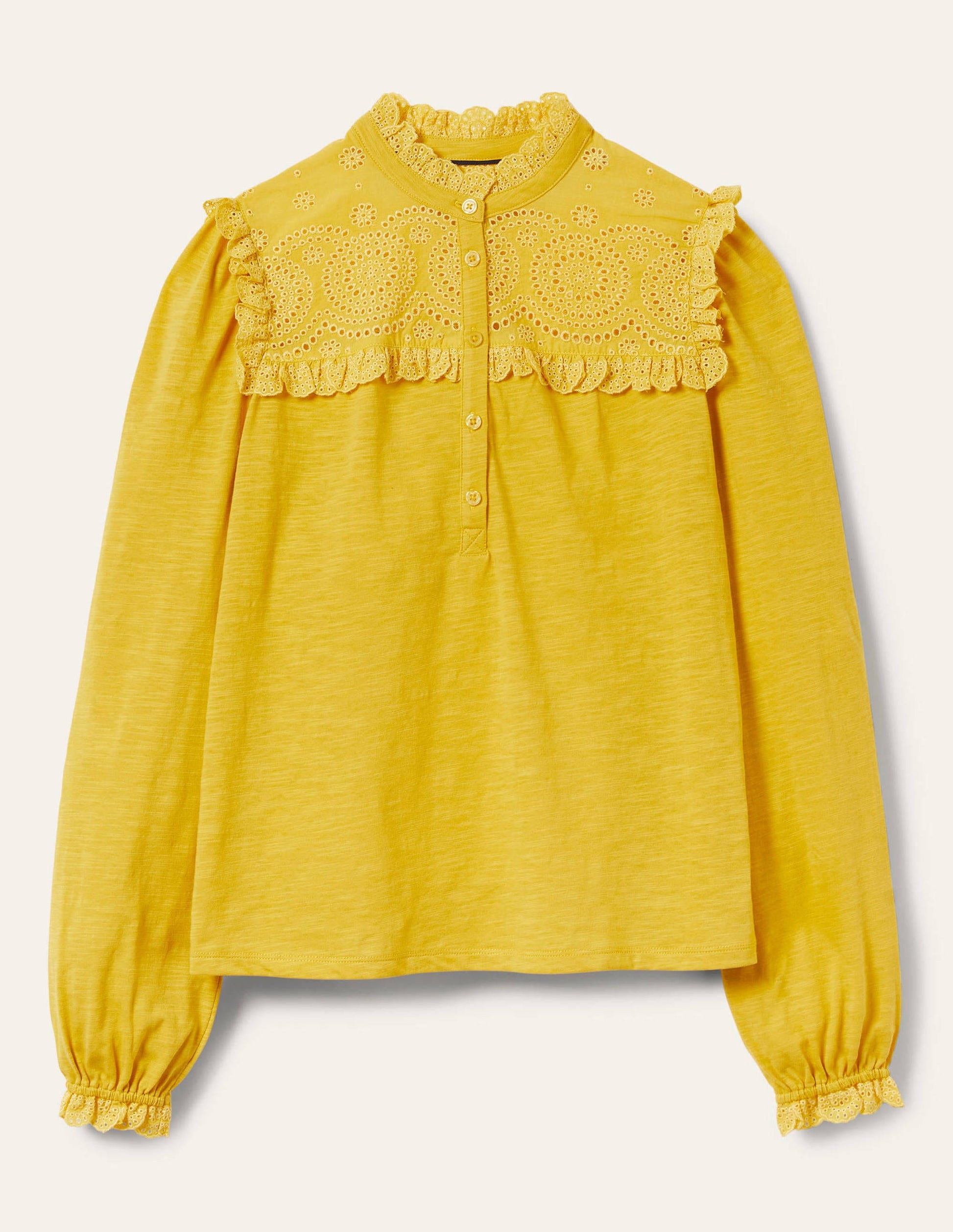 Jerseyoberteil mit gerüschter Passe-Honiggelb-6