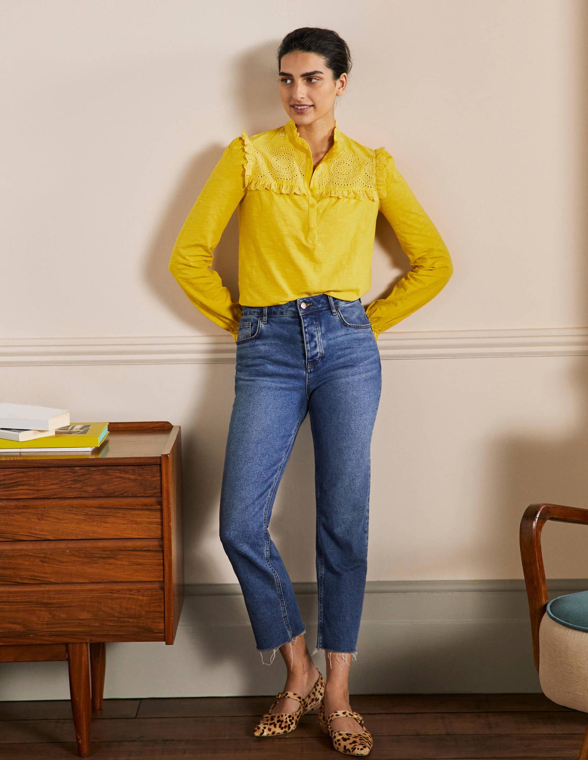 Jerseyoberteil mit gerüschter Passe-Honiggelb-4