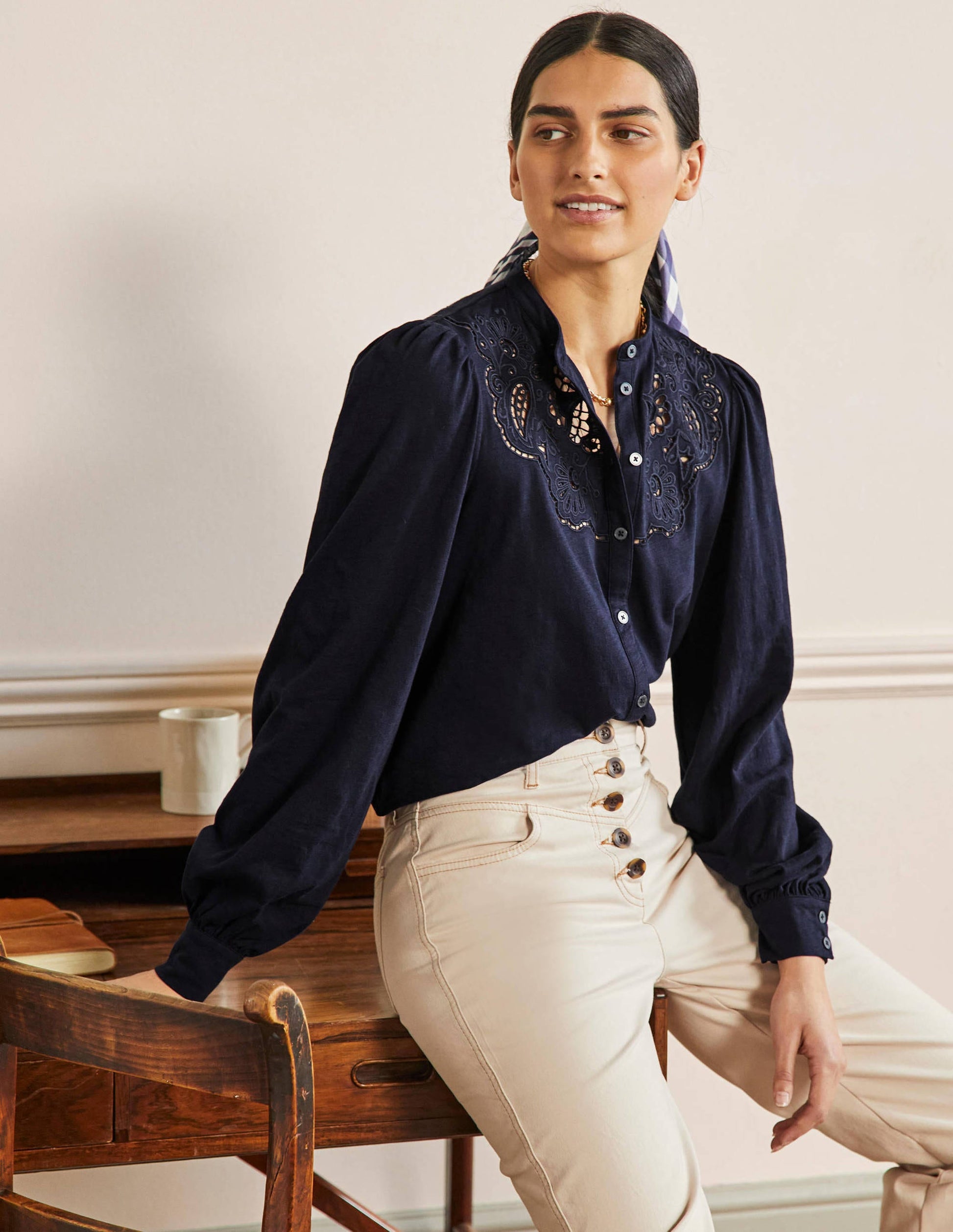 Chemise ajourée en jersey-Bleu marine-1