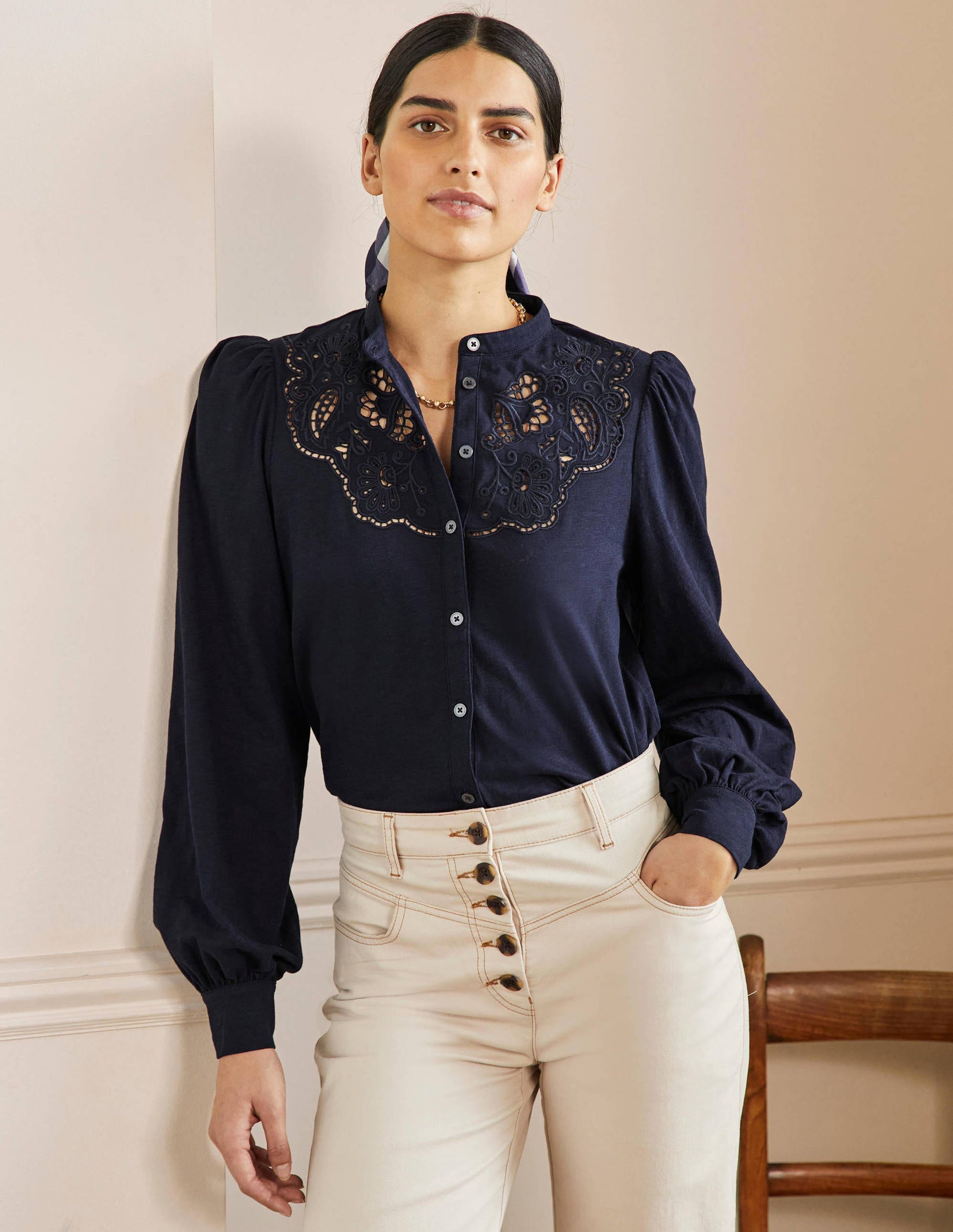 Chemise ajourée en jersey-Bleu marine-4