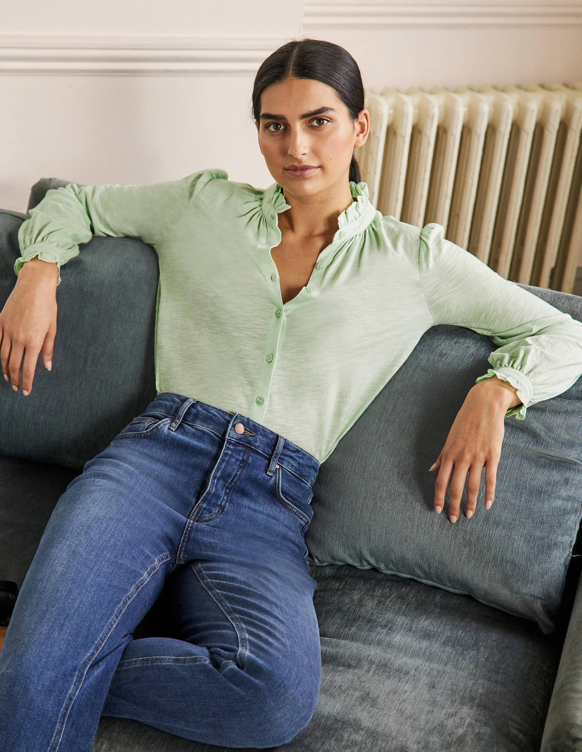 Chemise en jersey avec broderie anglaise-Crème d'avocat-1
