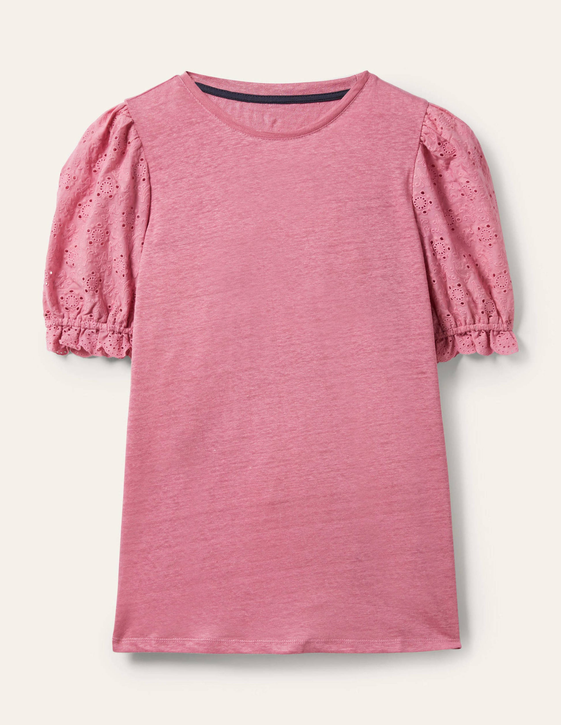 T-Shirt aus Leinen mit Lockstickerei-Blümchenrosa-5