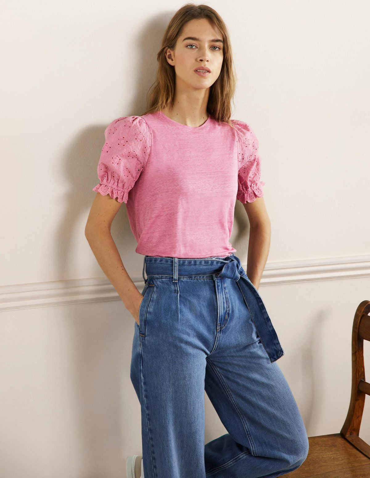 T-Shirt aus Leinen mit Lockstickerei-Blümchenrosa-4