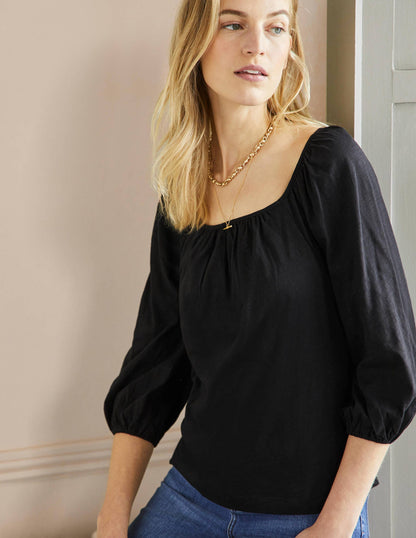 Blouson Sleeve Cotton Top-Black-4