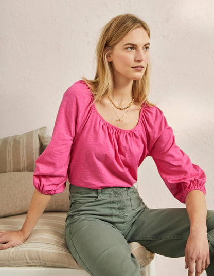 Blouson Sleeve Cotton Top-Festival Pink-1