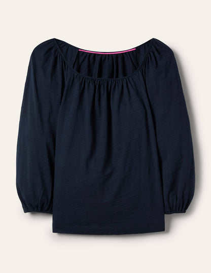 Blouson Sleeve Cotton Top-Navy-5