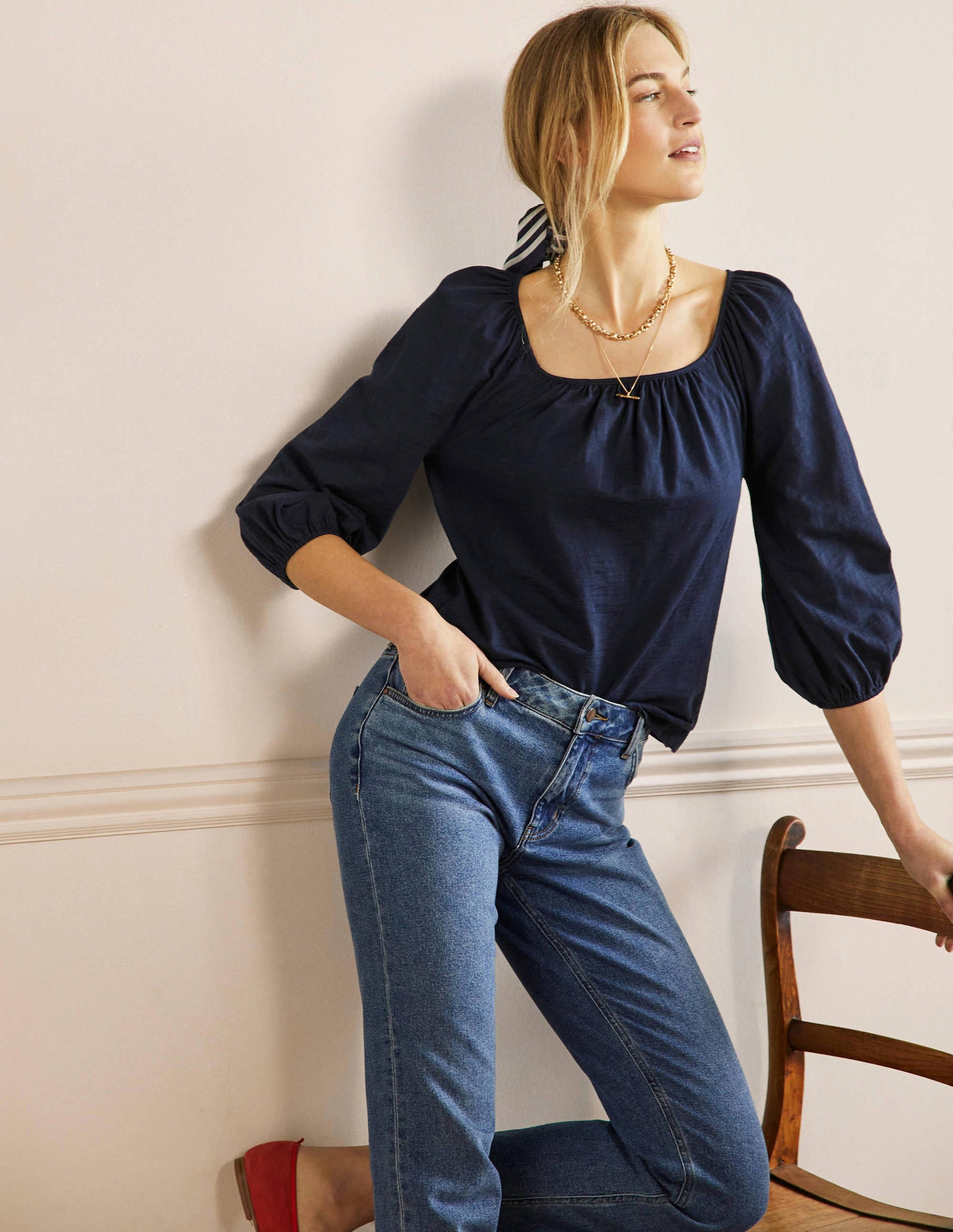 Blouson Sleeve Cotton Top-Navy-1