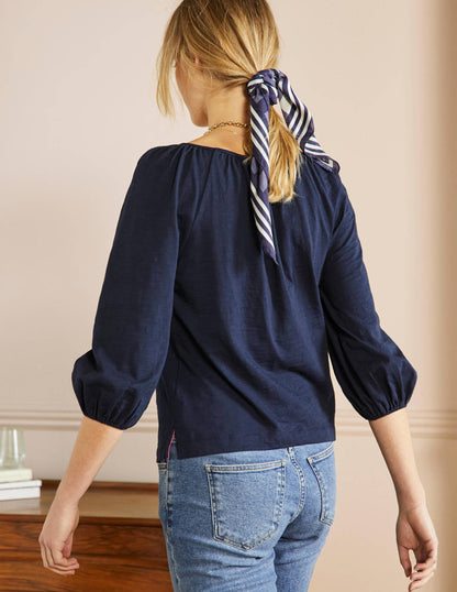 Blouson Sleeve Cotton Top-Navy-3