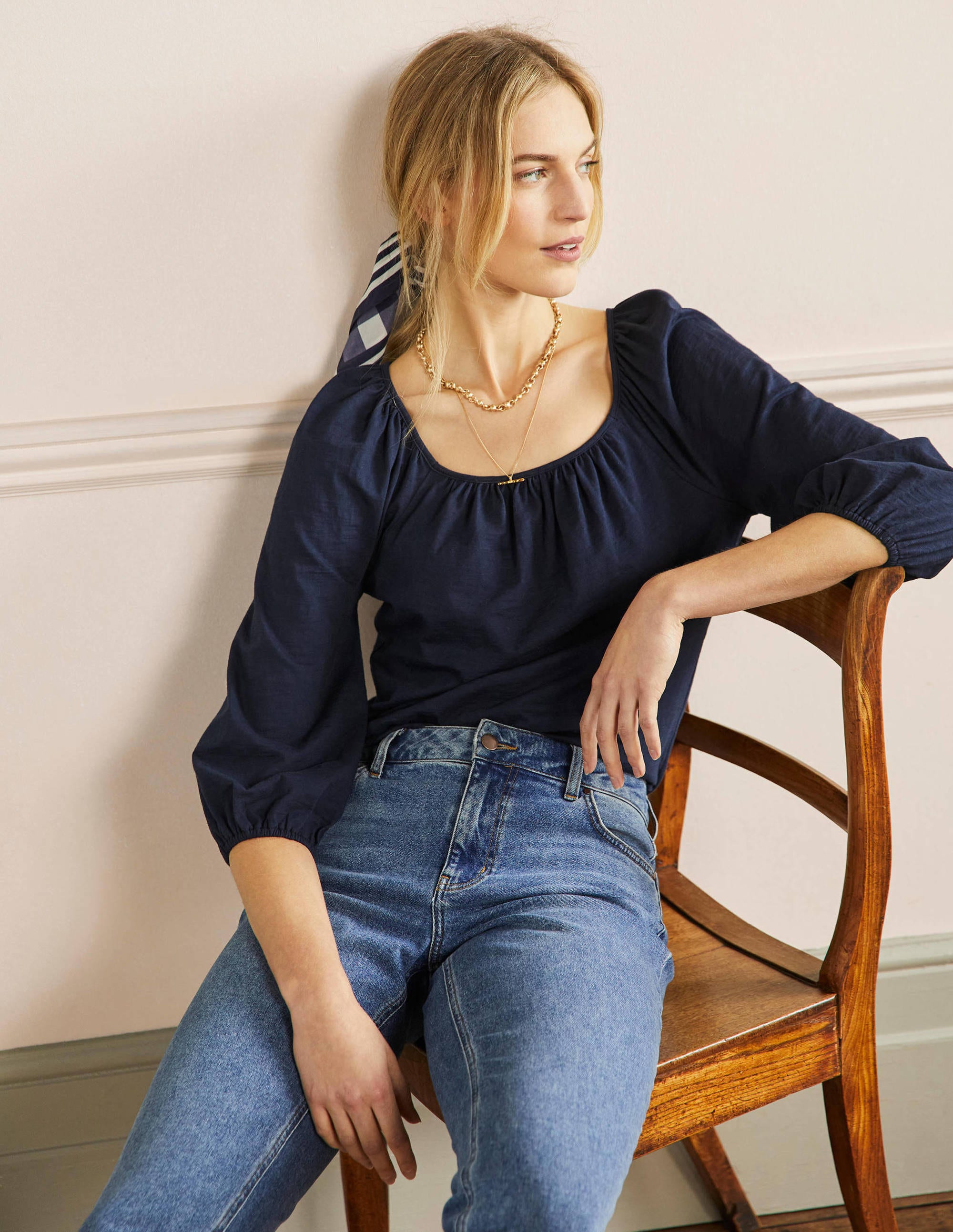 Top en coton blousant-Bleu marine - Image 4
