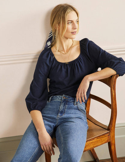 Blouson Sleeve Cotton Top-Navy-4
