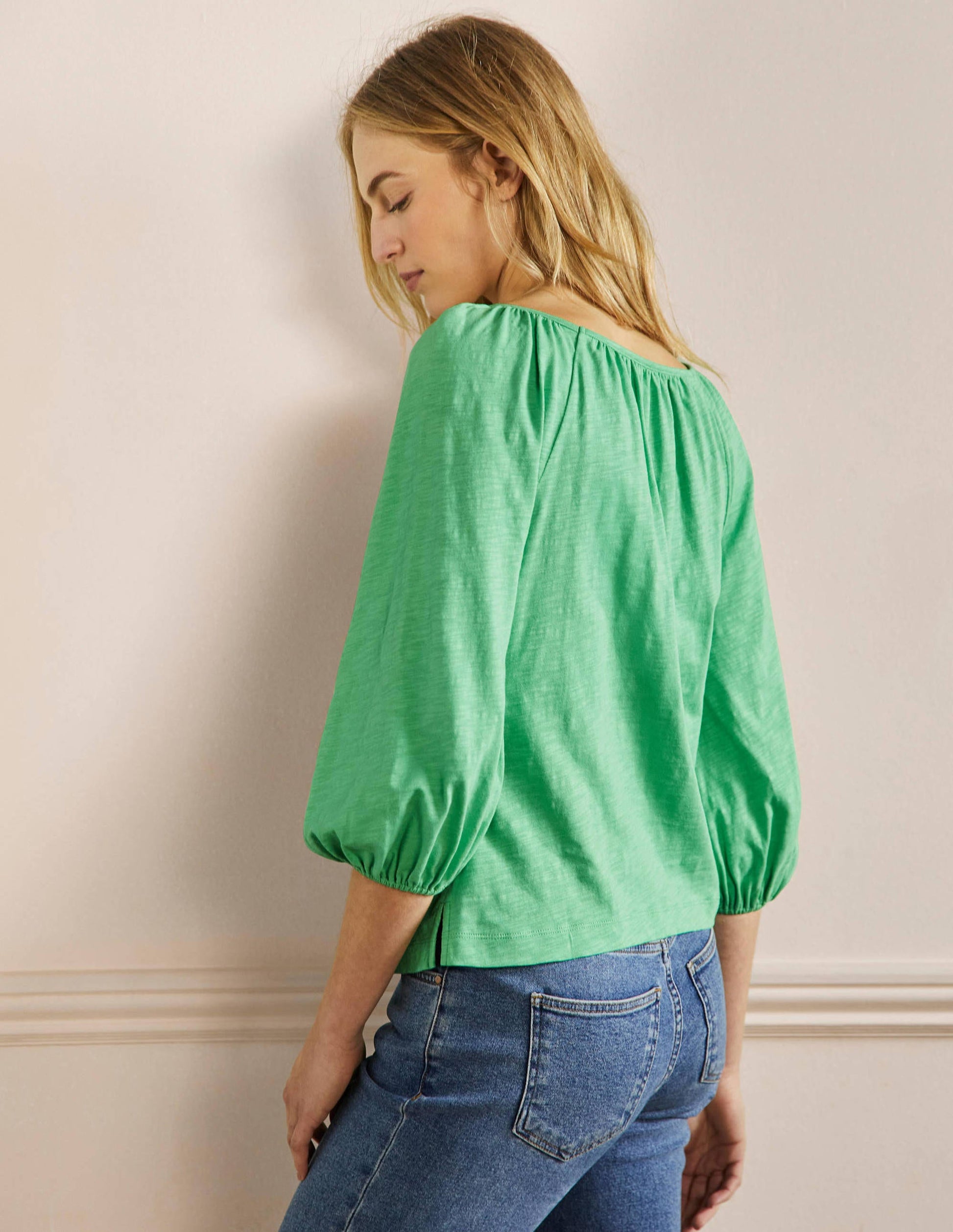 Blouson Sleeve Cotton Top-Zephyr Green-3