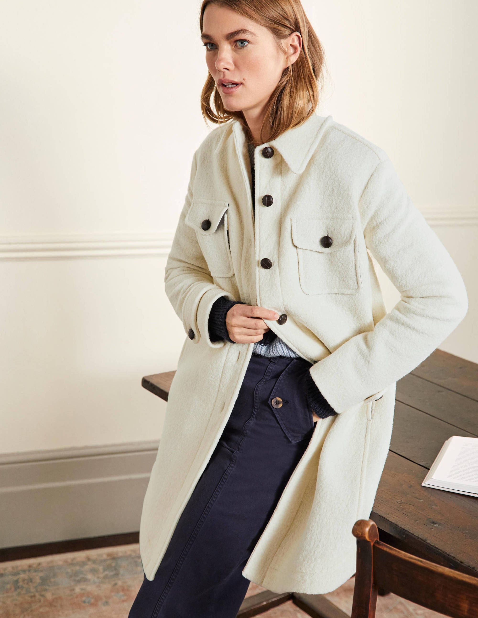 Manteau façon surchemise en laine texturée-Ivoire - Image 1