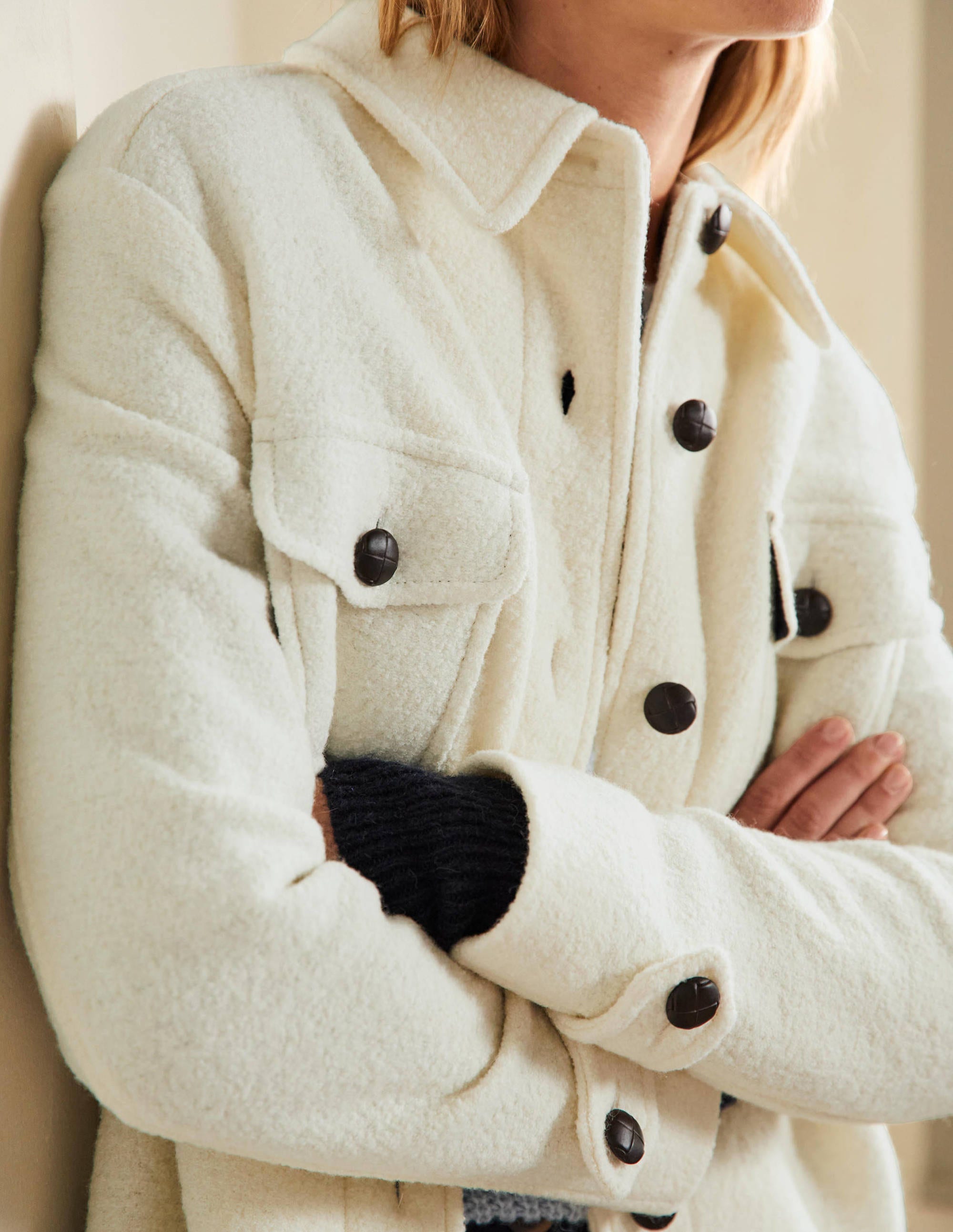 Manteau façon surchemise en laine texturée-Ivoire - Image 2
