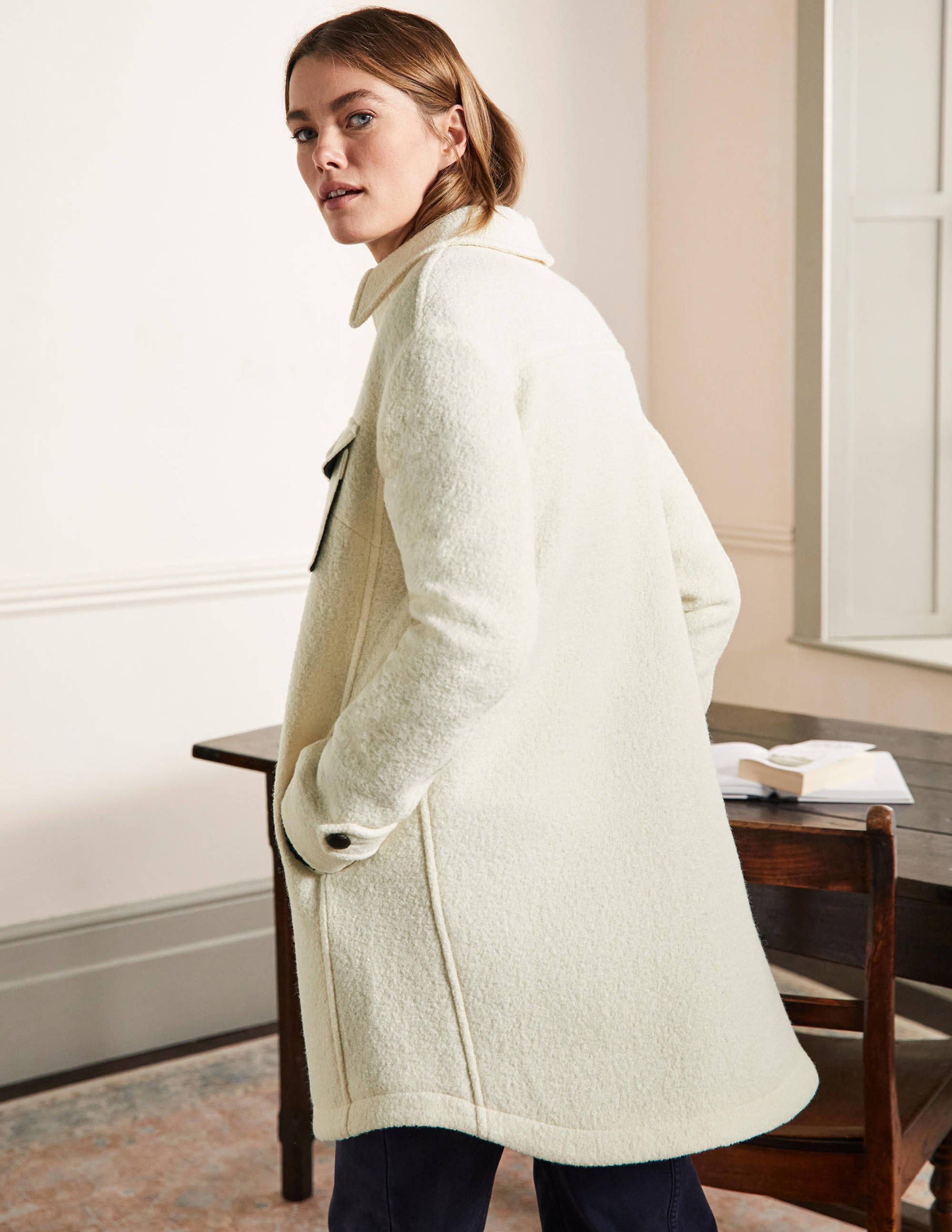 Manteau façon surchemise en laine texturée-Ivoire - Image 3