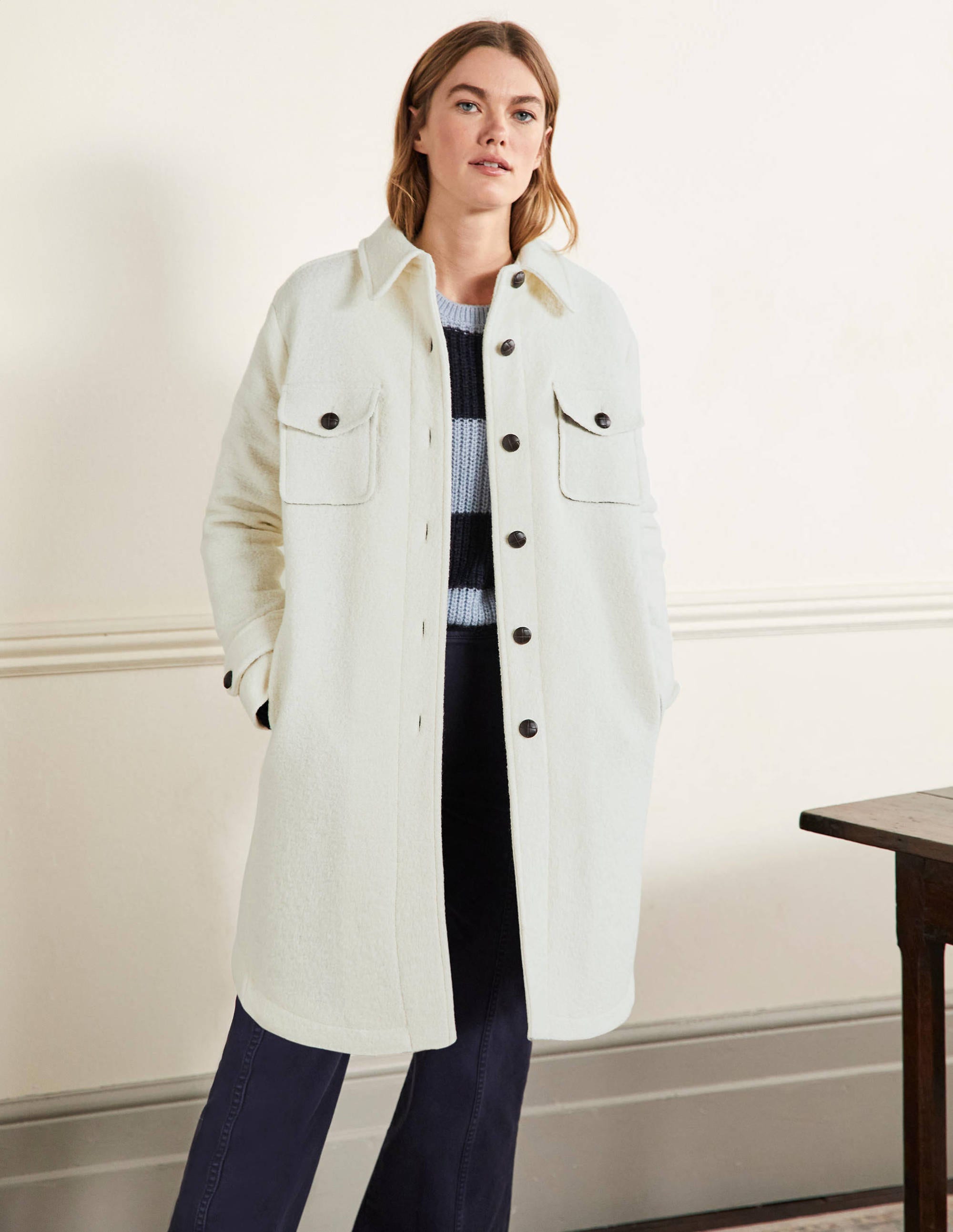 Manteau façon surchemise en laine texturée-Ivoire - Image 4