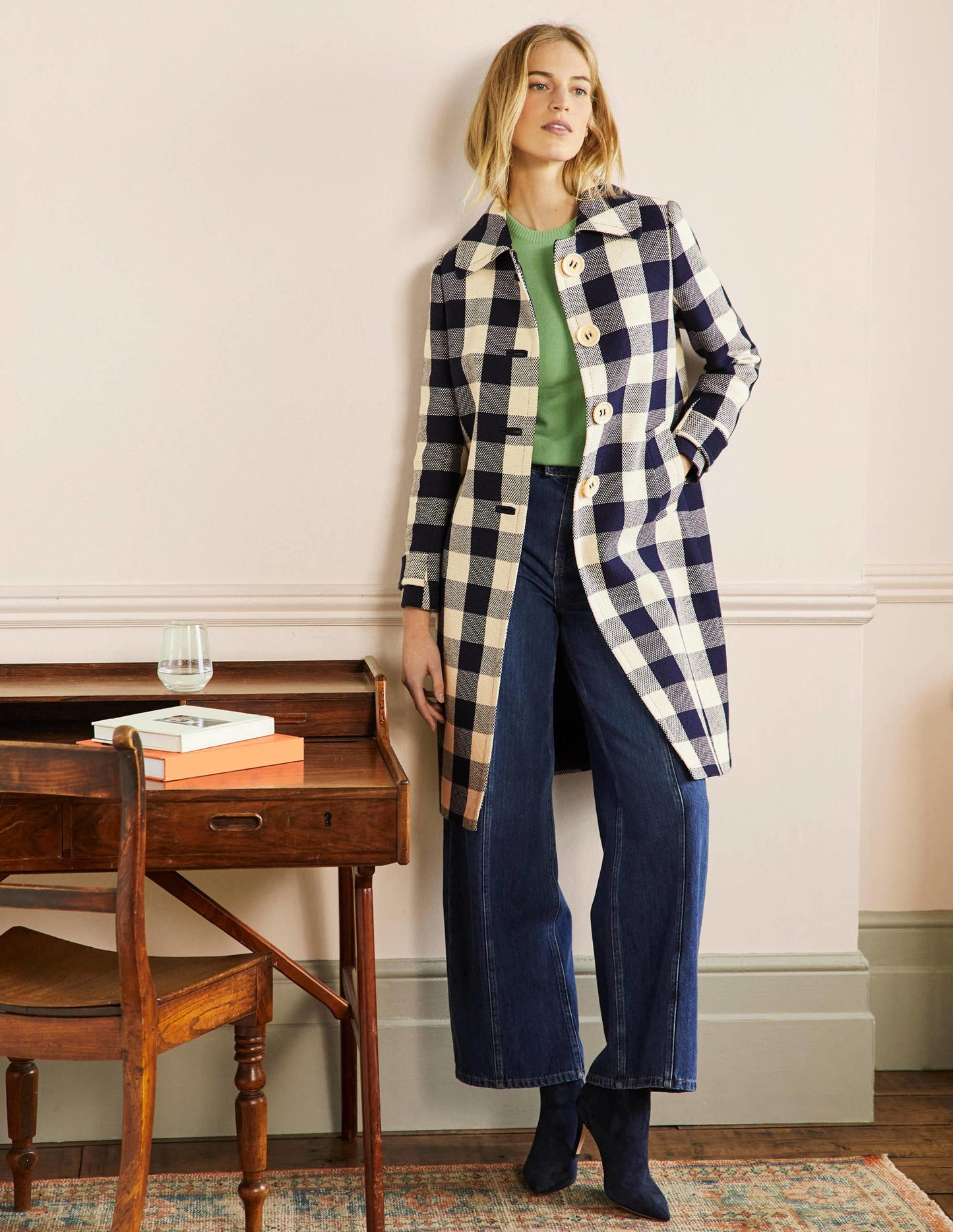 Bonnie Gingham Buttoned Coat-Ivory/Navy Gingham