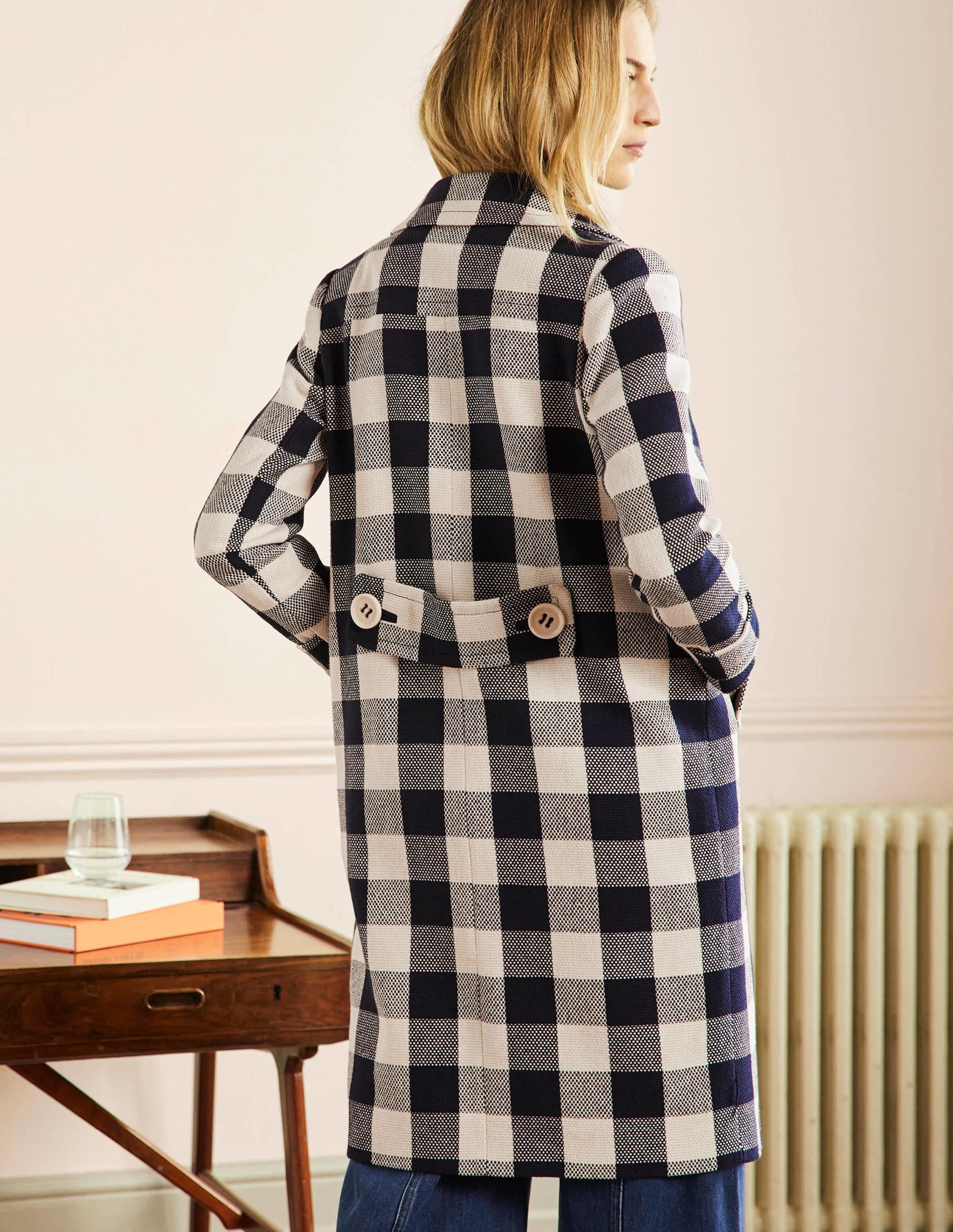 Manteau Bonnie boutonné en vichy-Vichy ivoire/bleu marine - Image 3