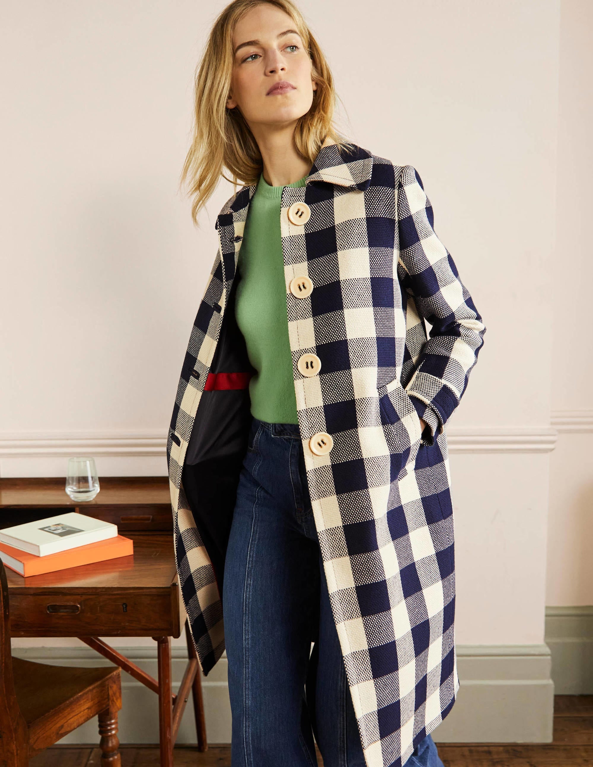 Manteau Bonnie boutonné en vichy-Vichy ivoire/bleu marine - Image 4