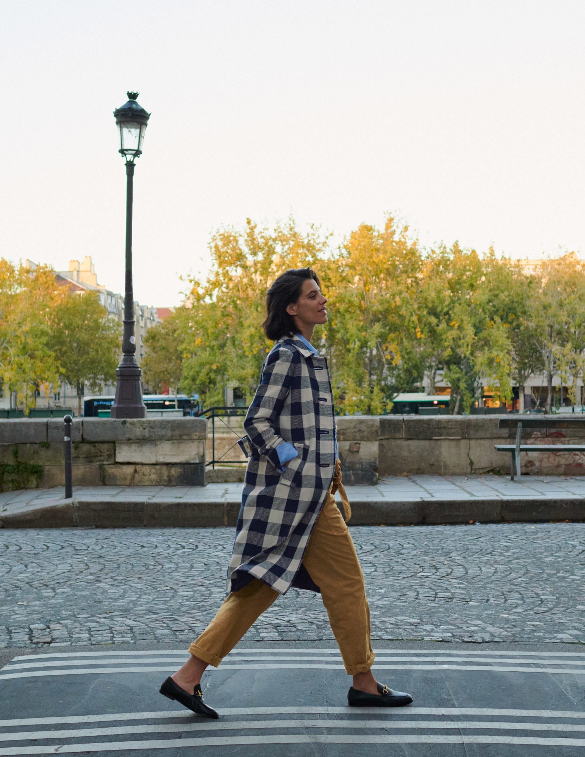 Manteau Bonnie boutonné en vichy-Vichy ivoire/bleu marine - Image 6