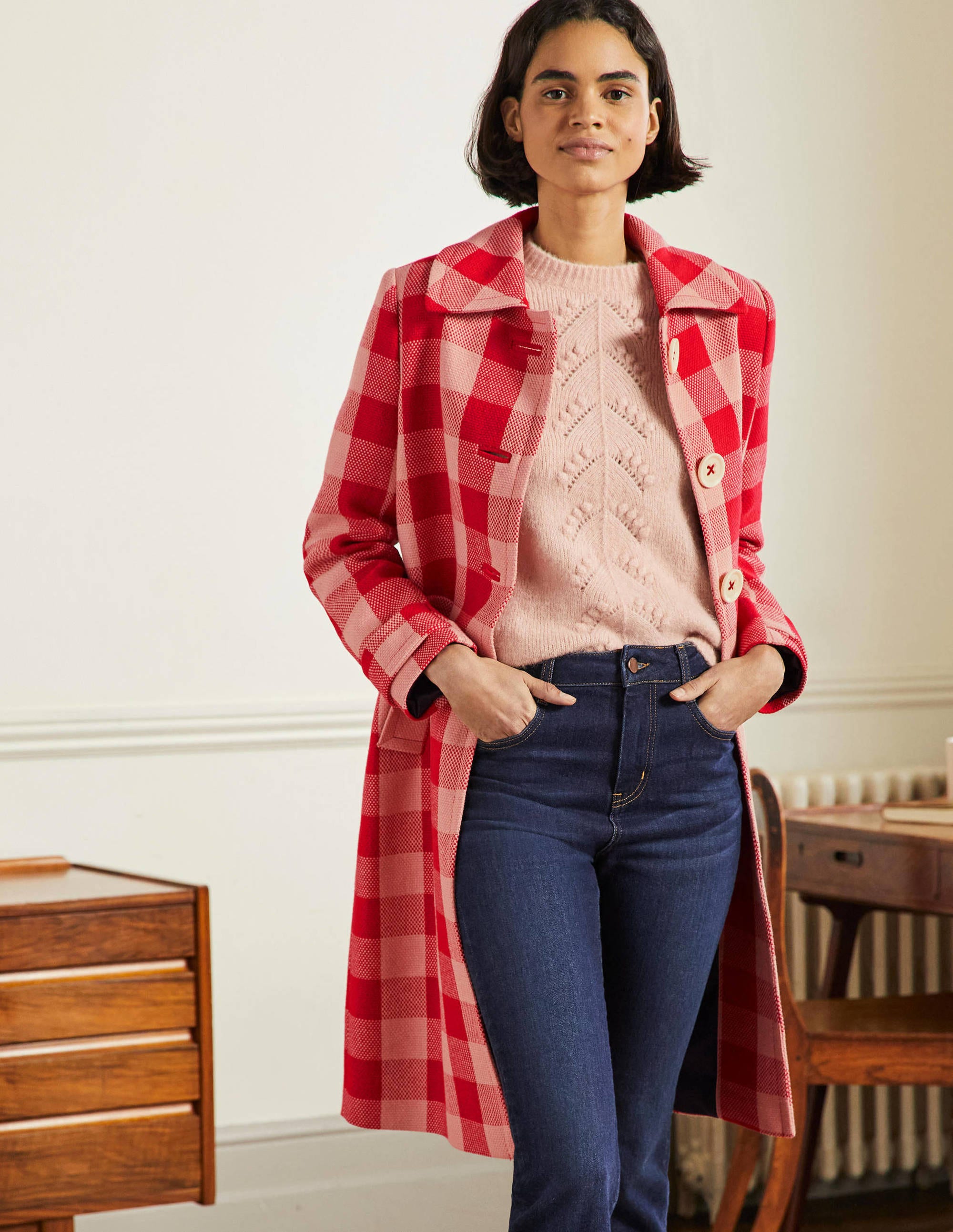 Manteau Bonnie boutonné en vichy-Vichy rose/rouge - Image 1