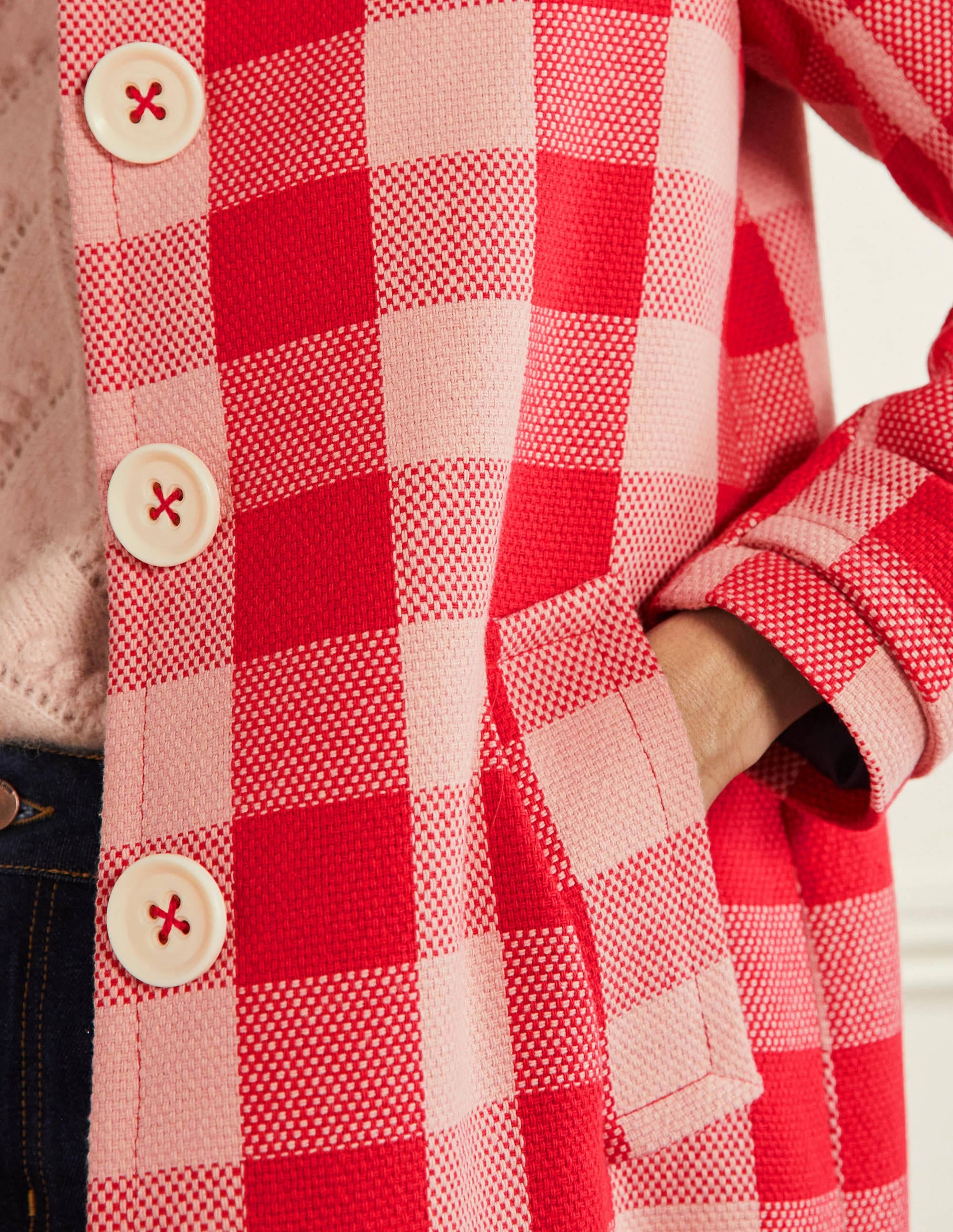 Manteau Bonnie boutonné en vichy-Vichy rose/rouge - Image 2