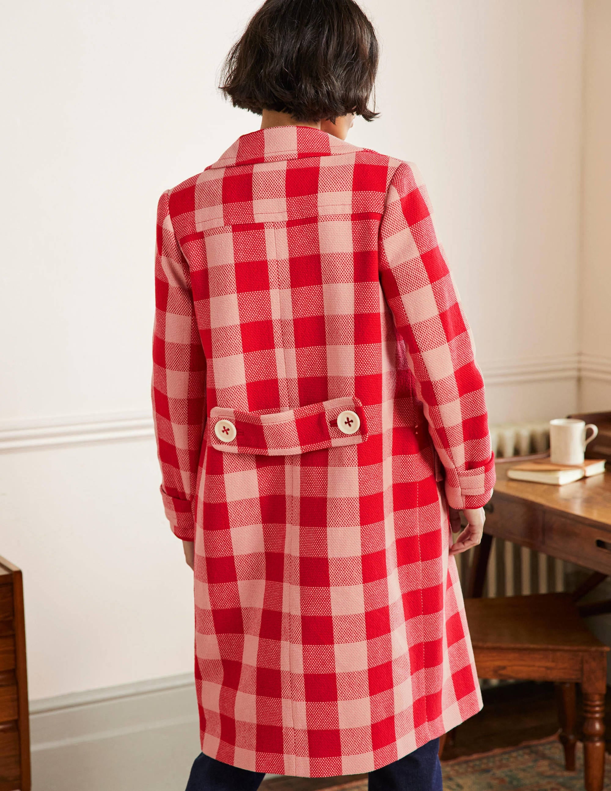 Manteau Bonnie boutonné en vichy-Vichy rose/rouge - Image 3