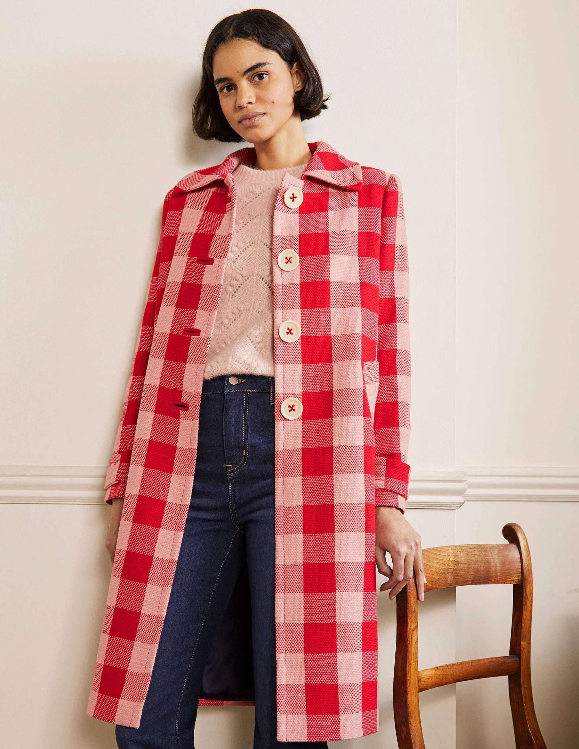 Manteau Bonnie boutonné en vichy-Vichy rose/rouge - Image 4