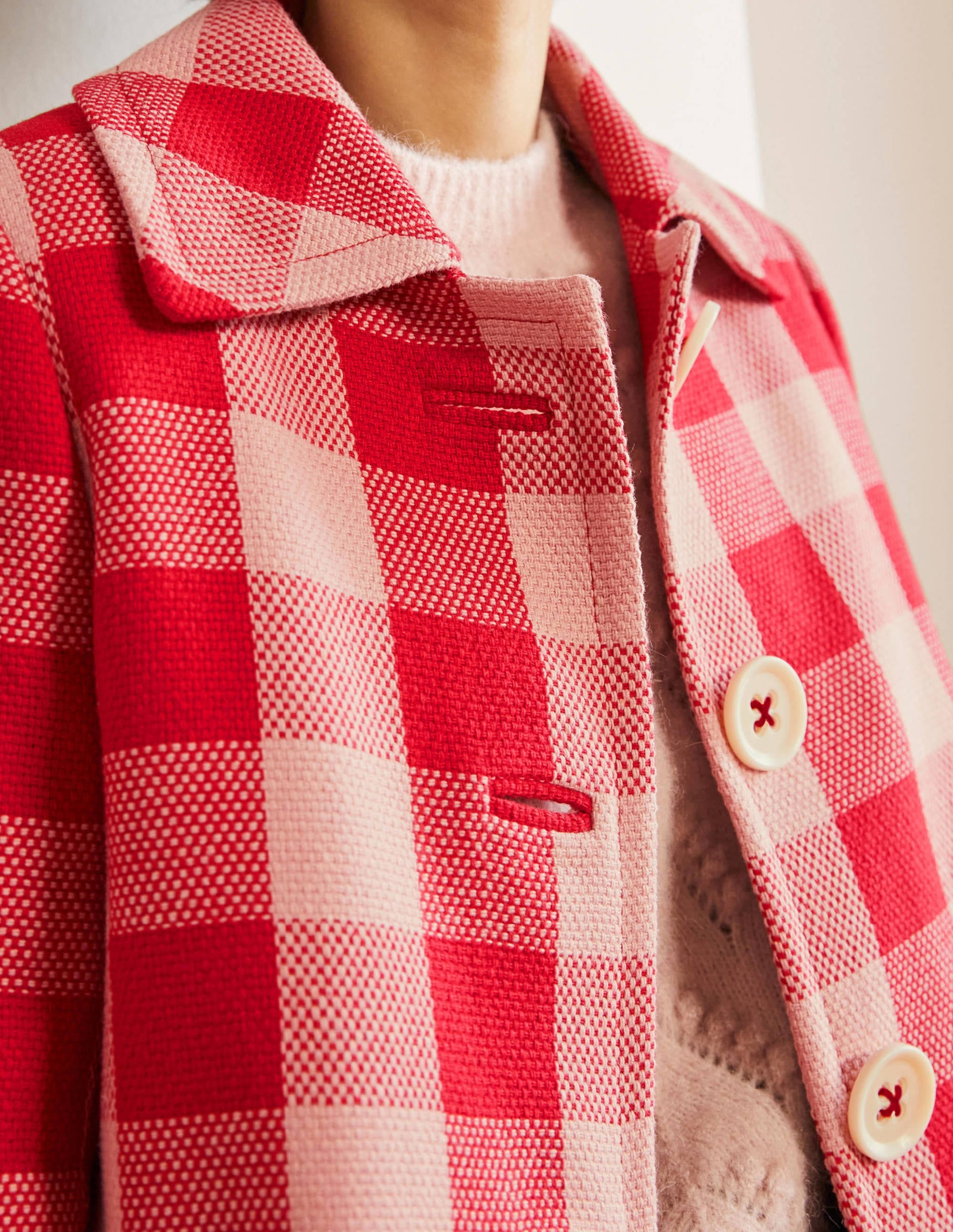 Manteau Bonnie boutonné en vichy-Vichy rose/rouge - Image 5