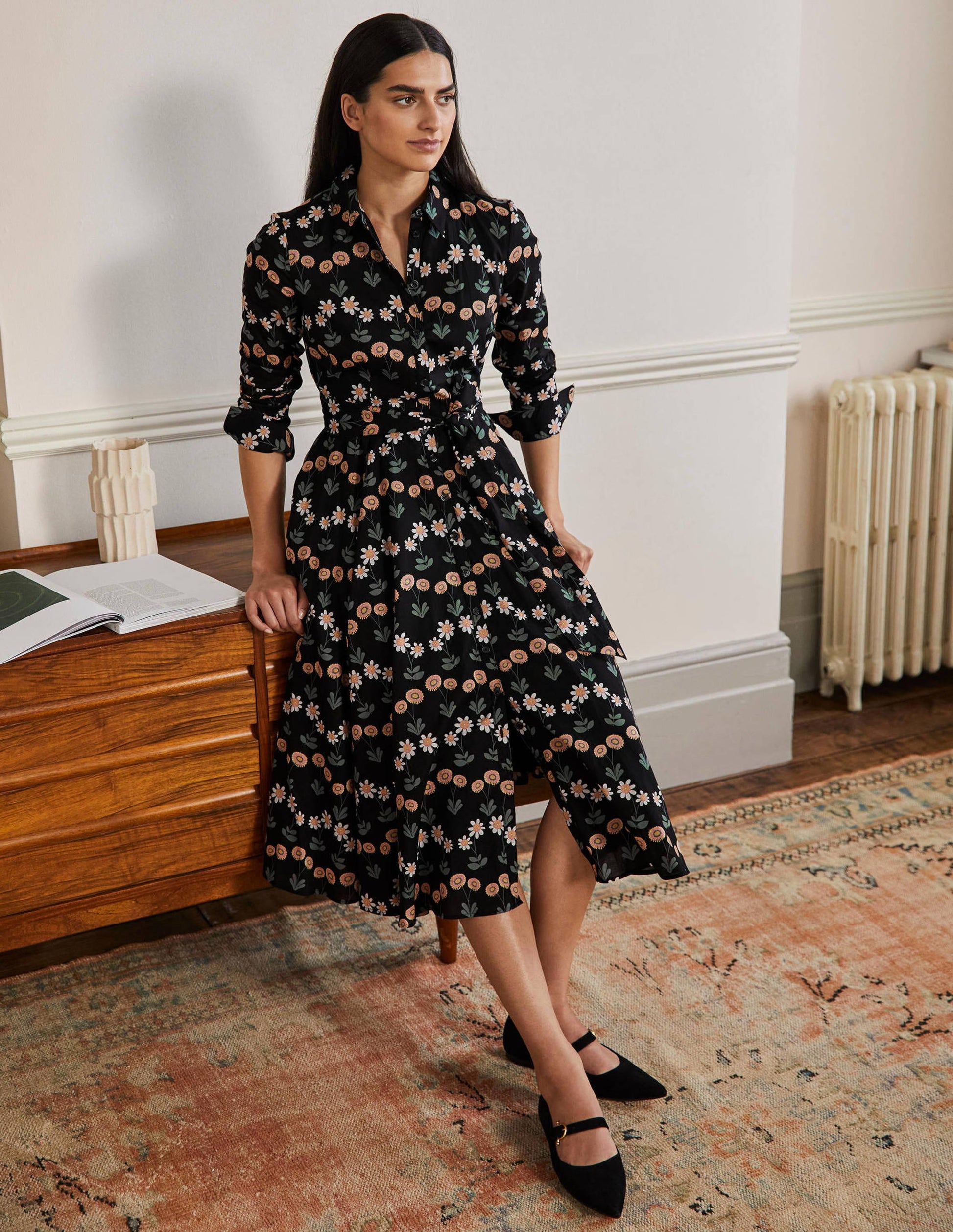 Robe-chemise midi Kitty-Noir, motif Delicate Daisy-1