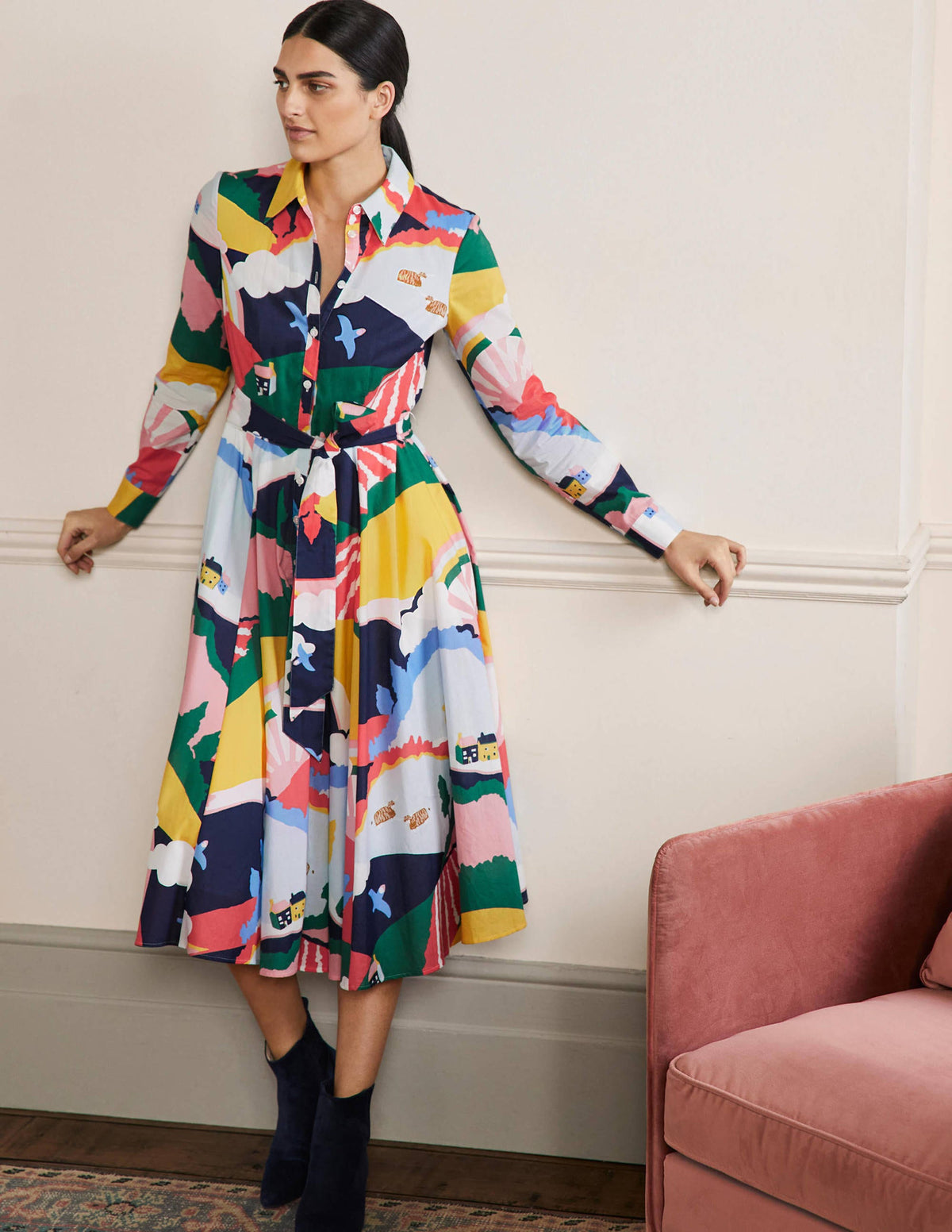 Kitty Midi-Hemdblusenkleid-Französisches Navy, Wiesenszene - Image 1