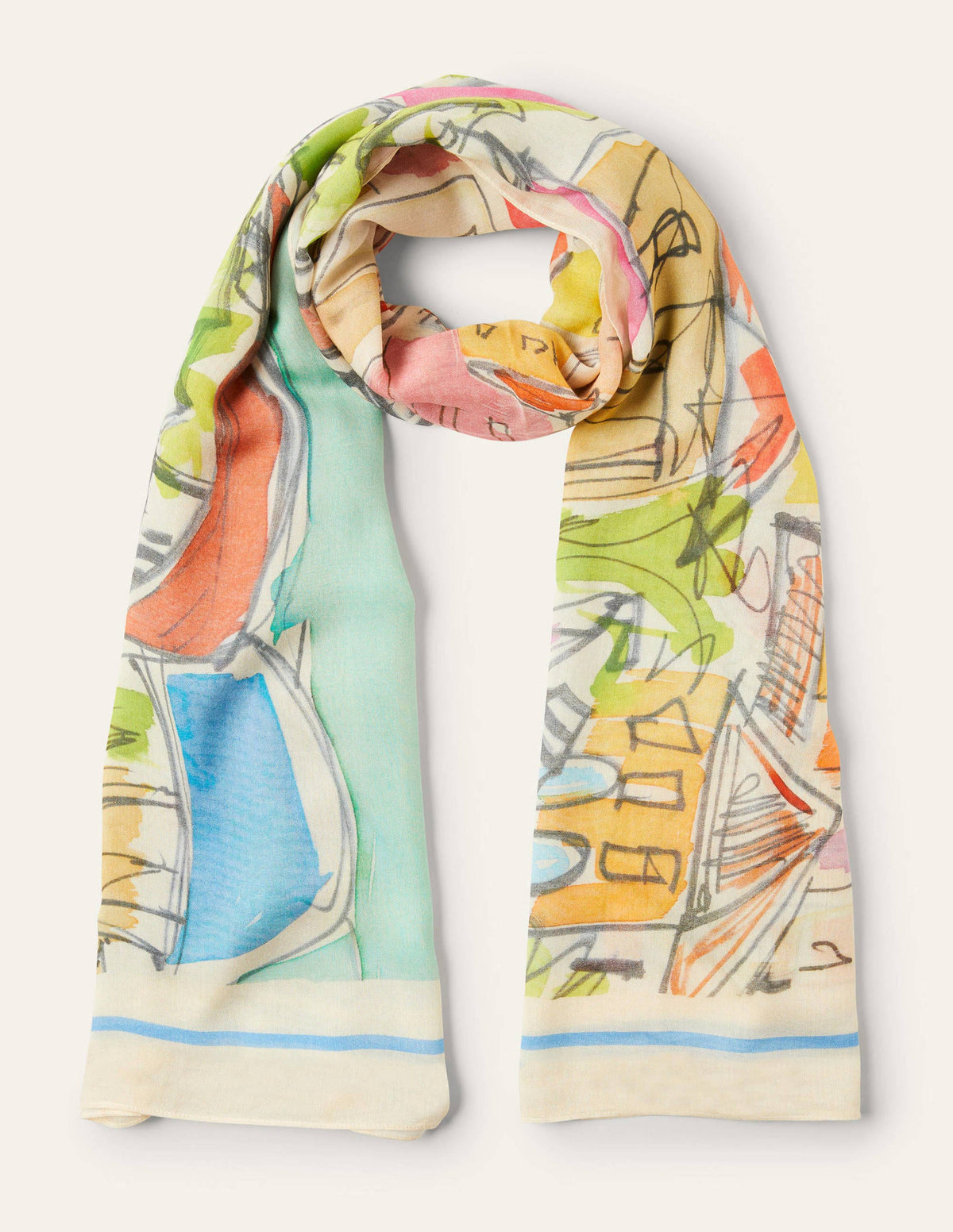 Gemusterter Modalschal-Surfblau/Regenbogenfarben, Dorfmotiv-1