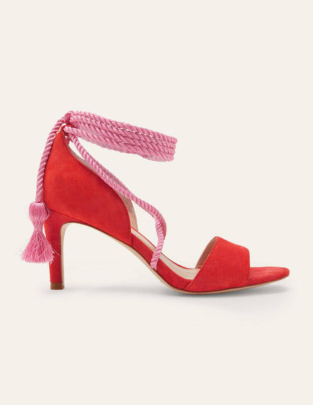 Absatzsandalen aus Veloursleder mit Knöchelriemchen-Drachenrot